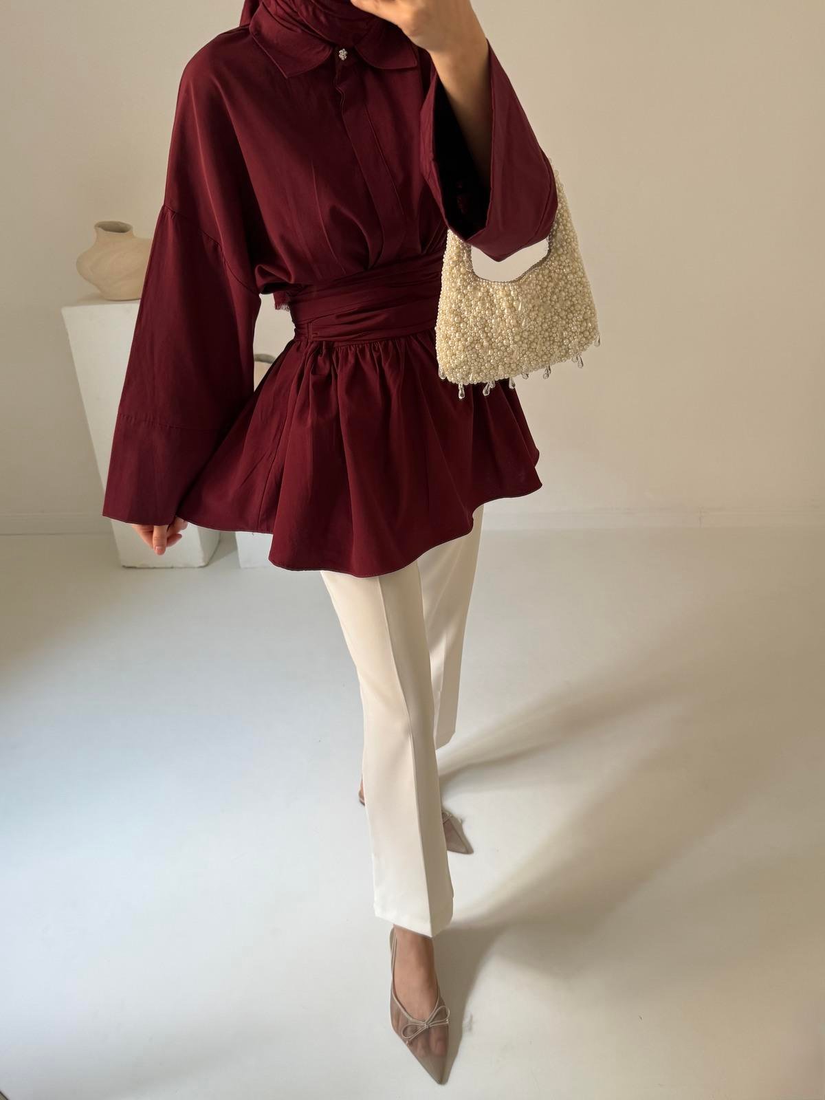 Bağlamalı Poplin Gömlek - Bordo