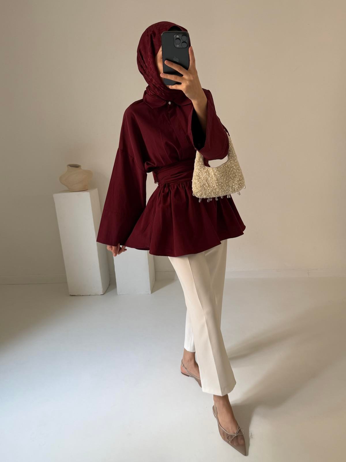 Bağlamalı Poplin Gömlek - Bordo