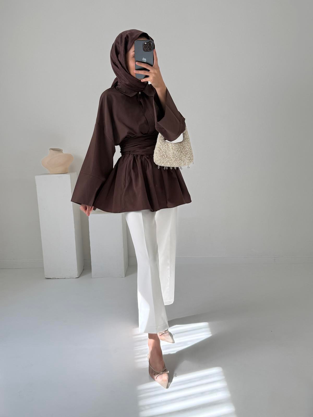Bağlamalı Poplin Gömlek - Kahve