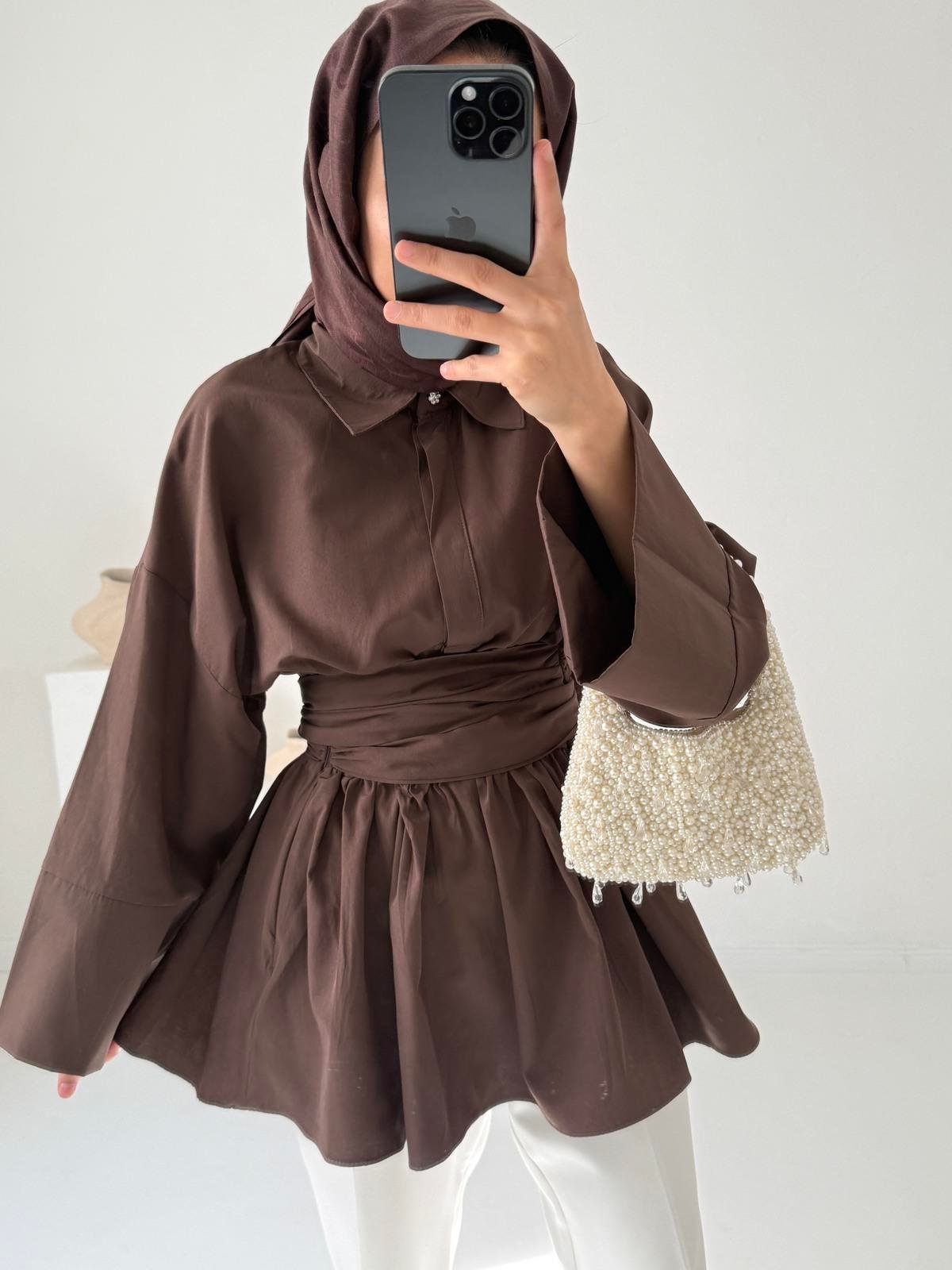 Bağlamalı Poplin Gömlek - Kahve