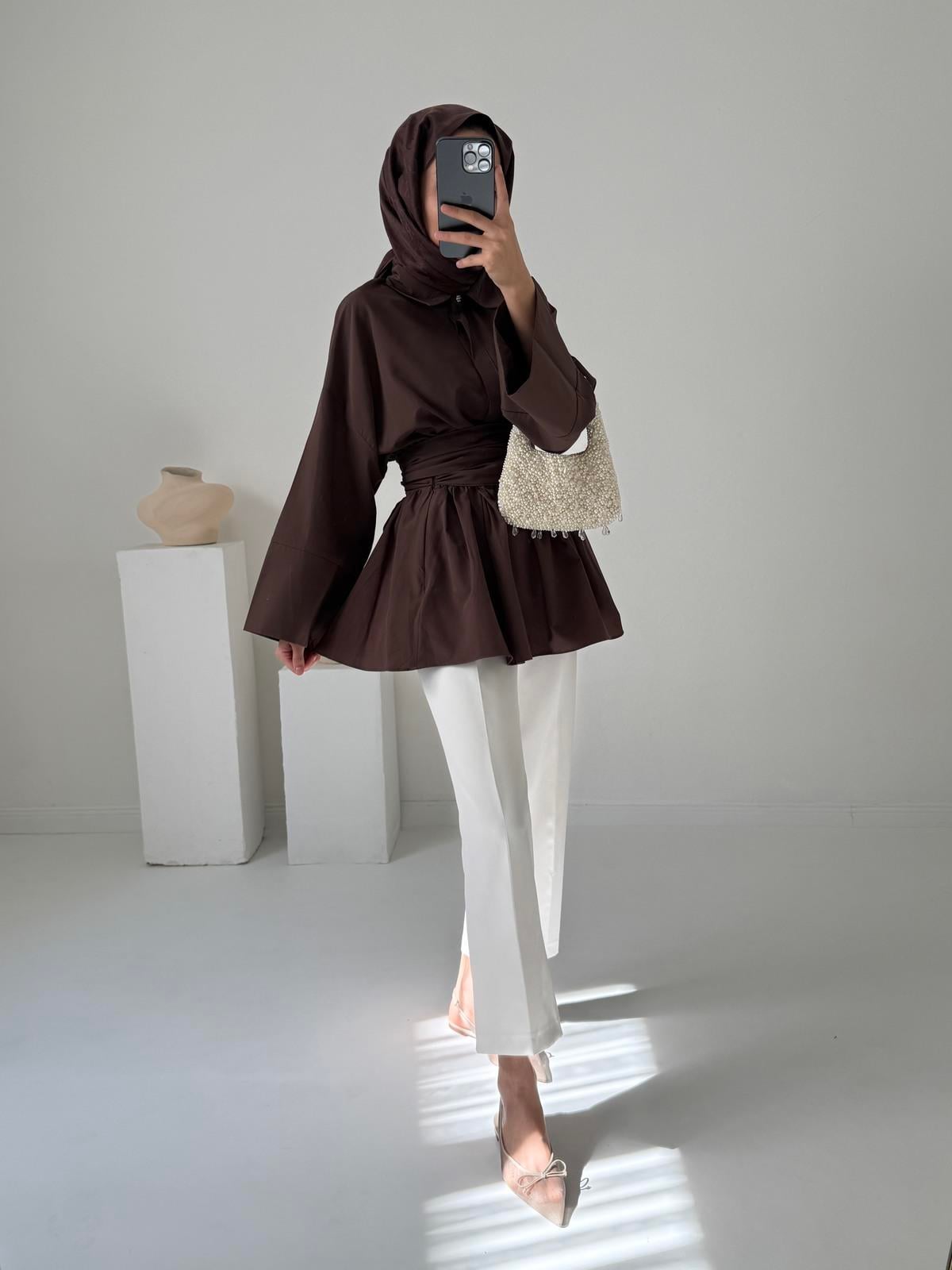 Bağlamalı Poplin Gömlek - Kahve
