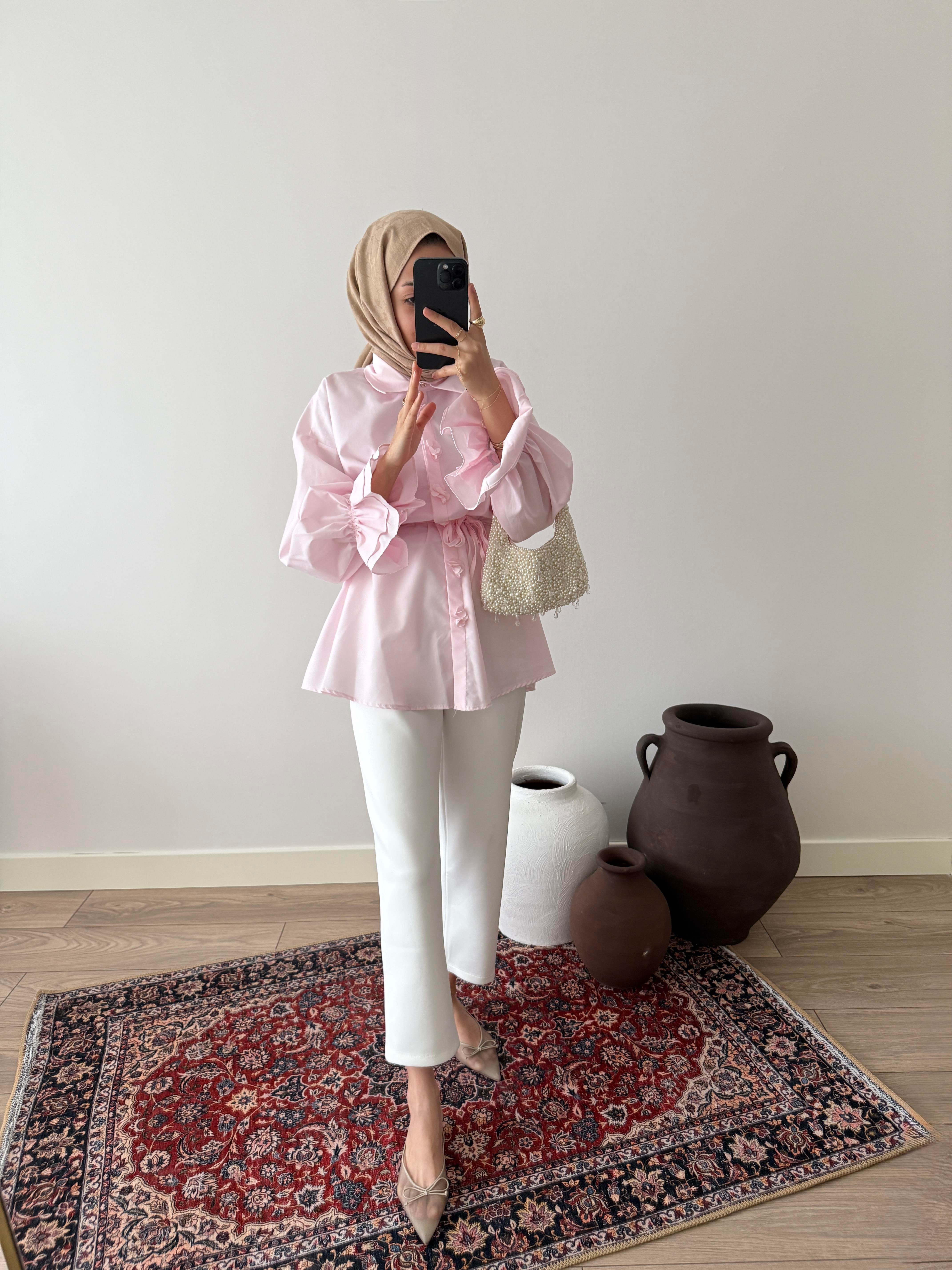 Çicek Düğmeli Poplin Gömlek - Pudra