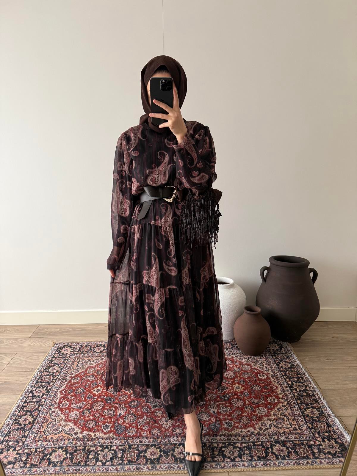 Dama Şifon Elbise - Kahve