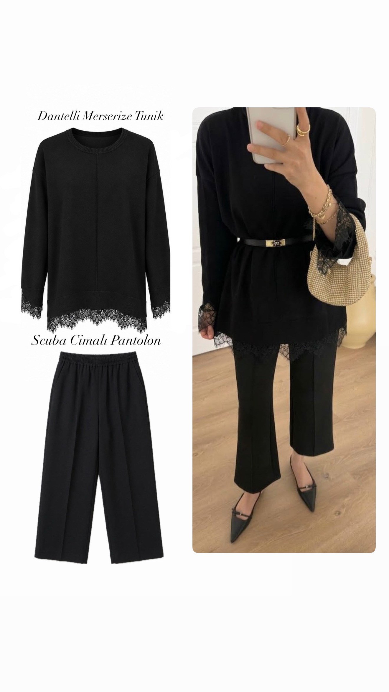 Dantelli Merserize Tunik - Siyah 