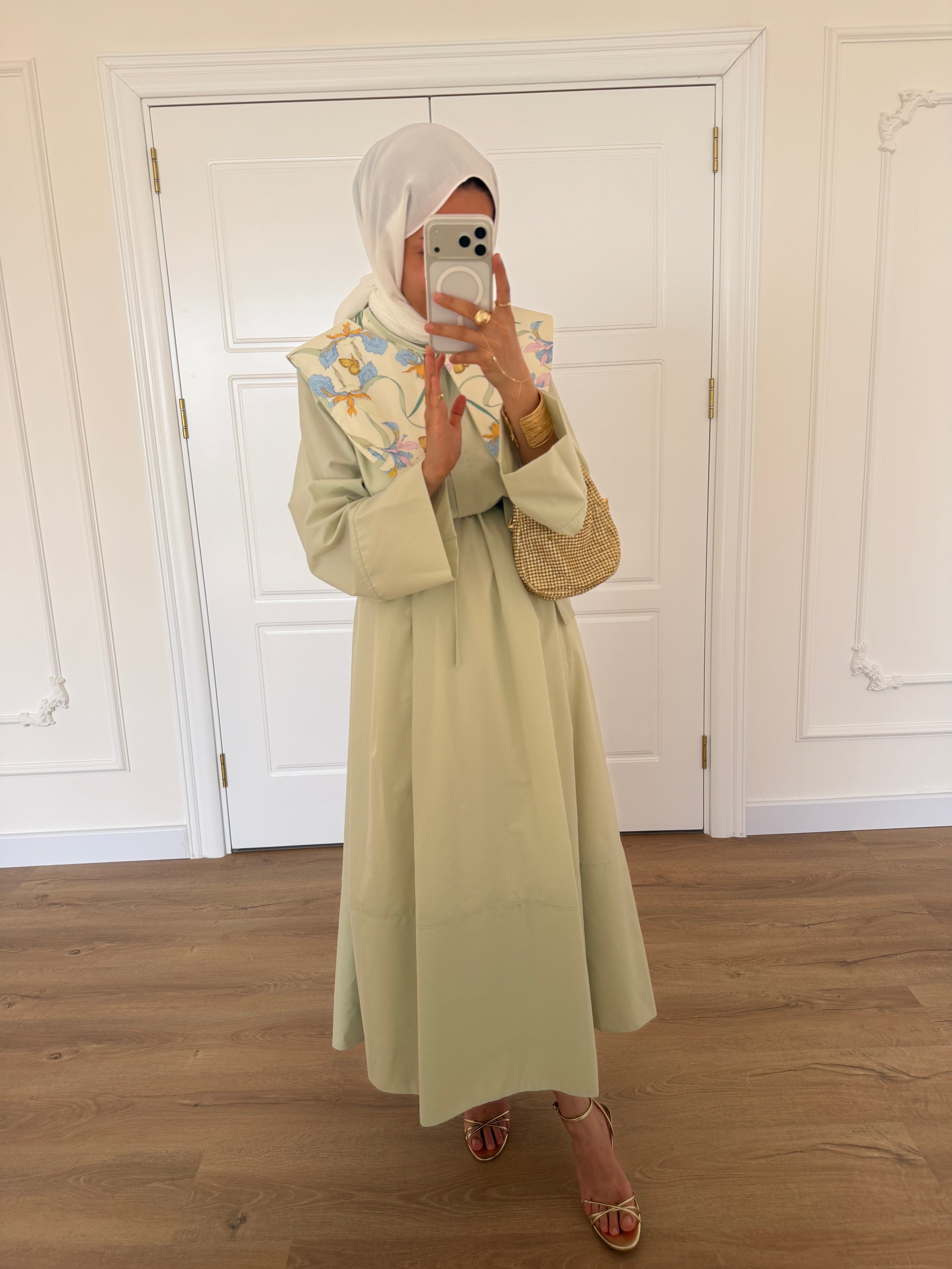 Desenli Yakalı Elbise - Mint