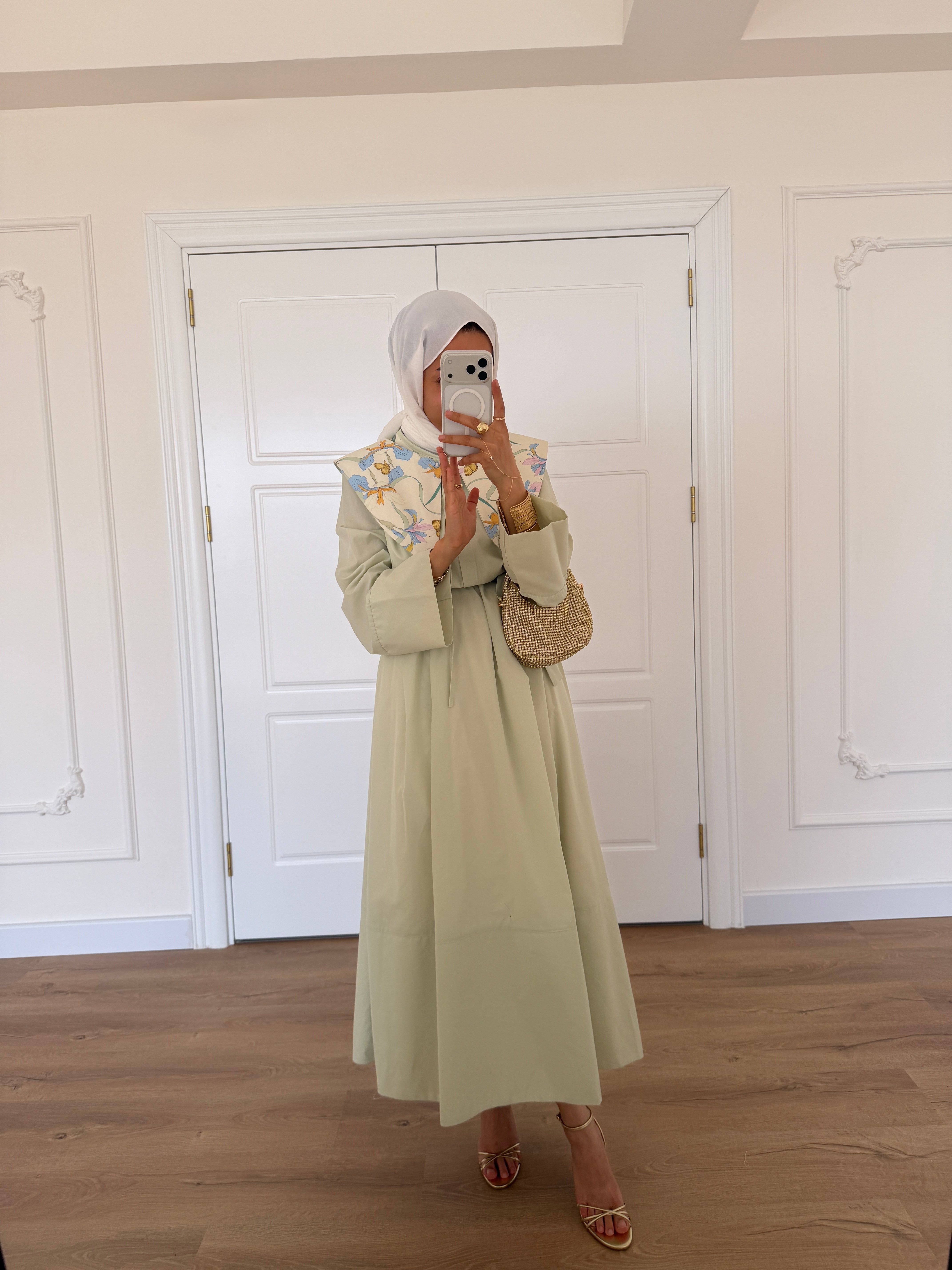 Desenli Yakalı Elbise - Mint