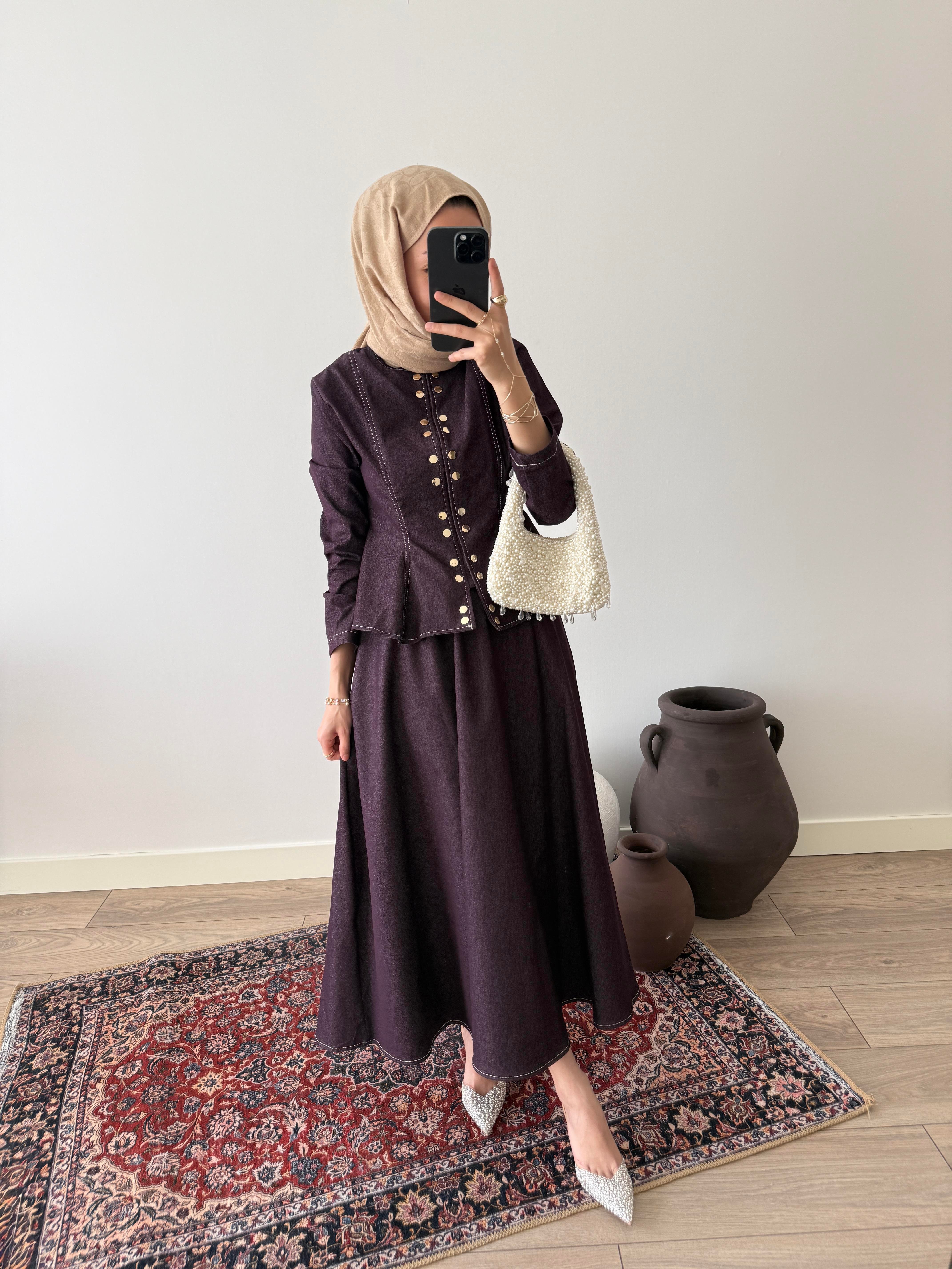 Düğmeli Kot Takım - Bordo