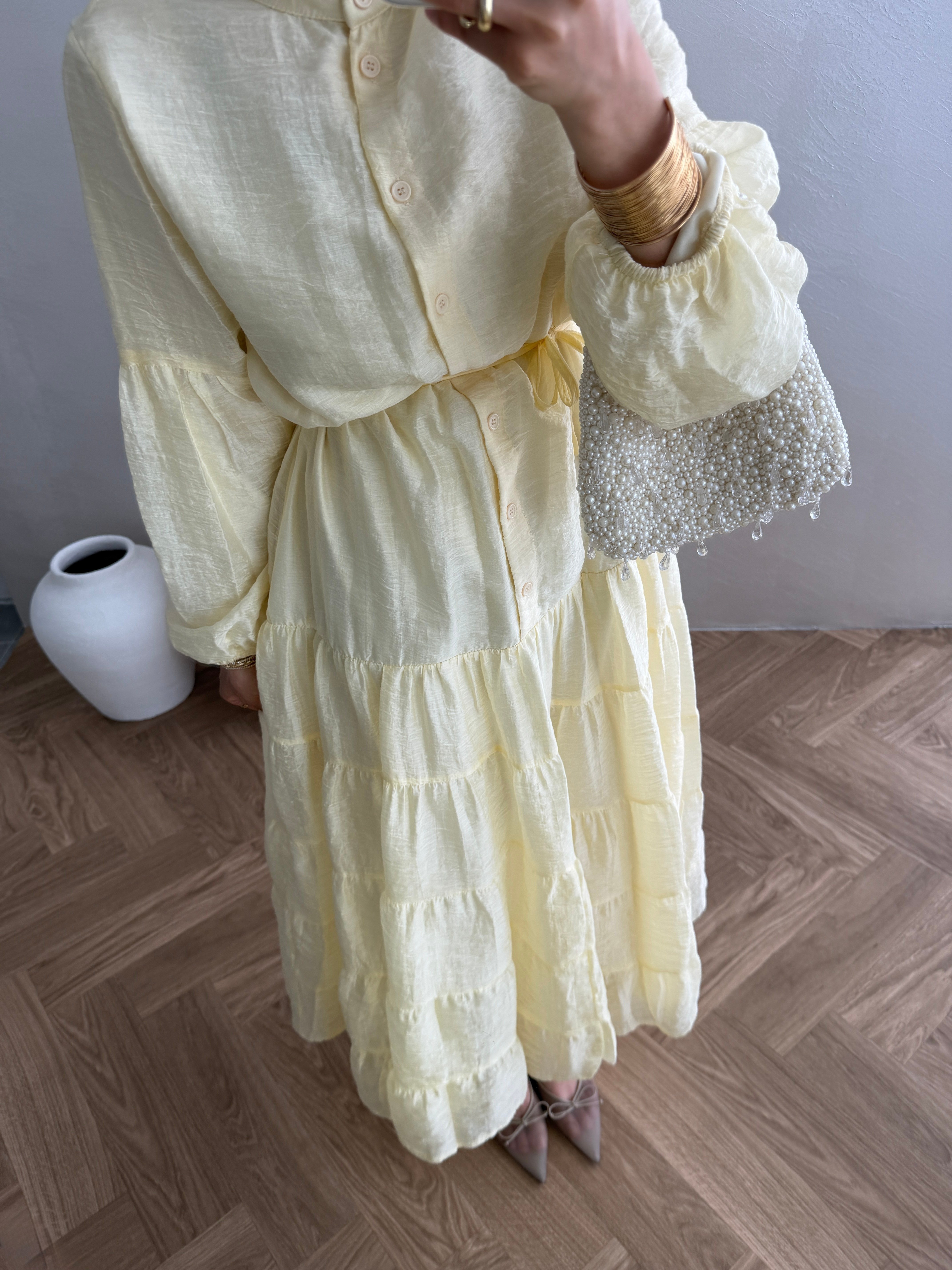 Düğmeli Tensel  Elbise - Sarı
