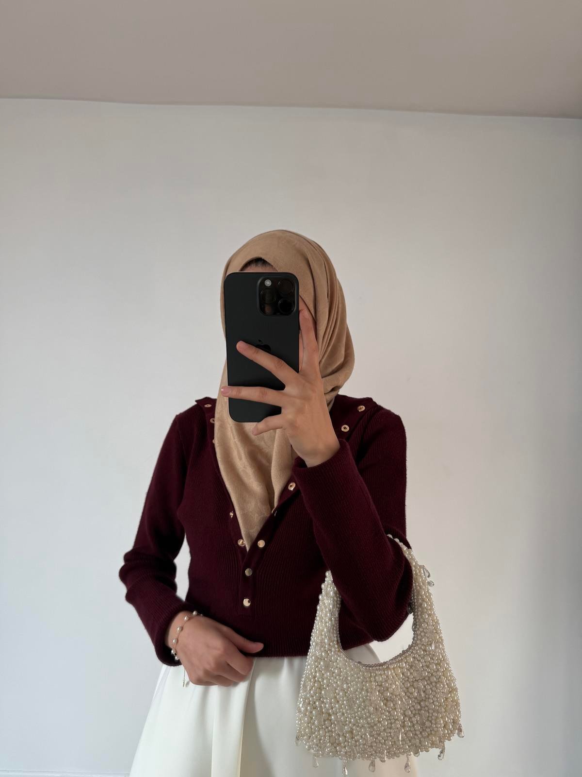 Düğmeli Triko Kazak - Bordo