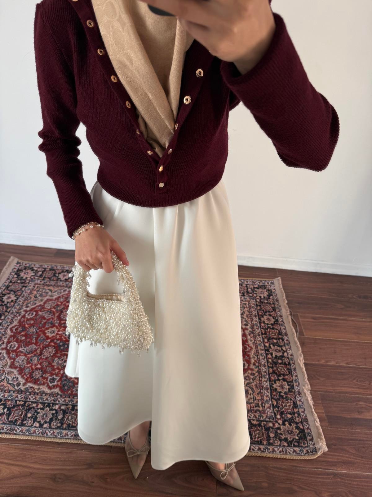 Düğmeli Triko Kazak - Bordo