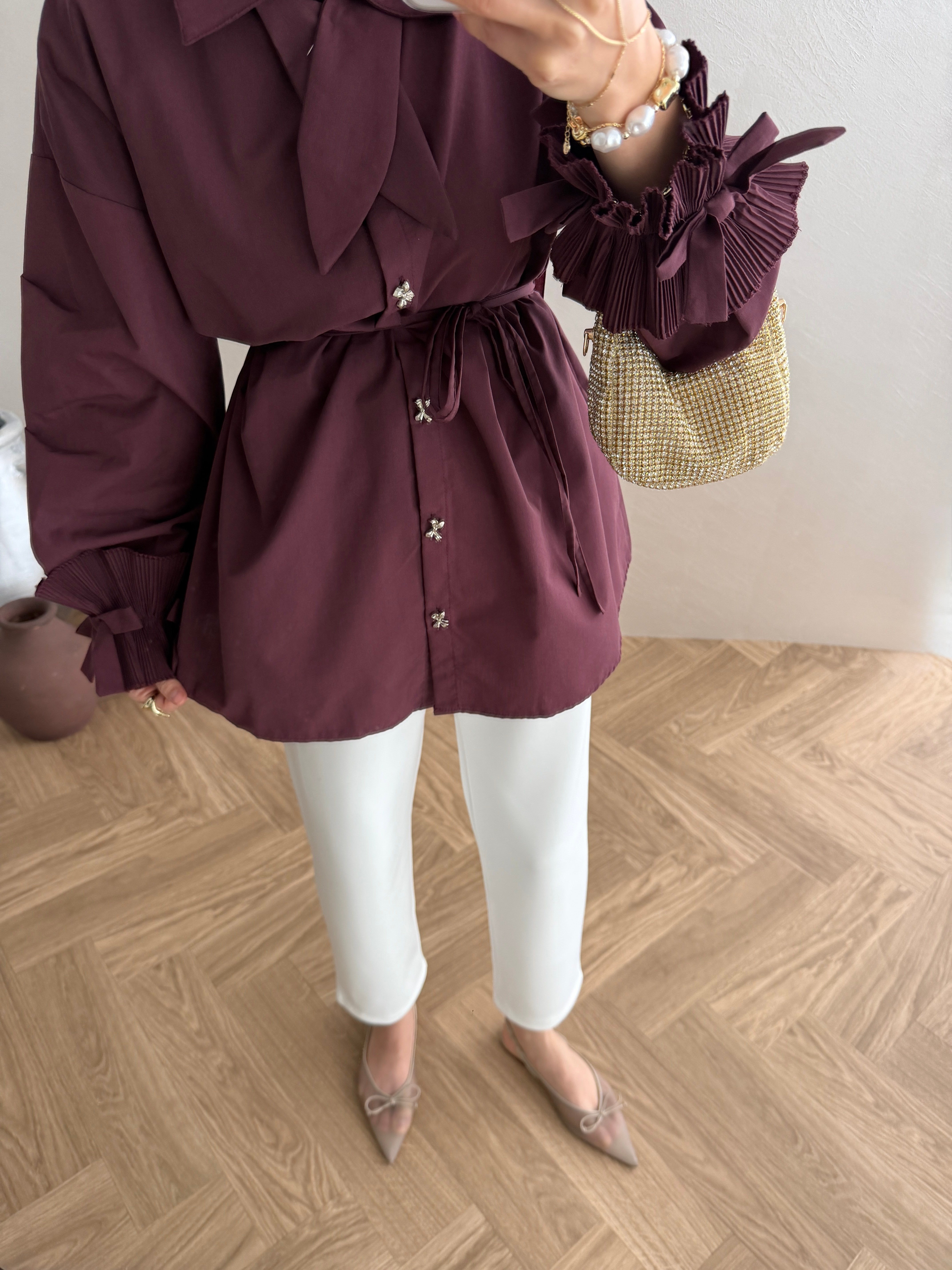 Fiyonklu Poplin Gömlek - Bordo