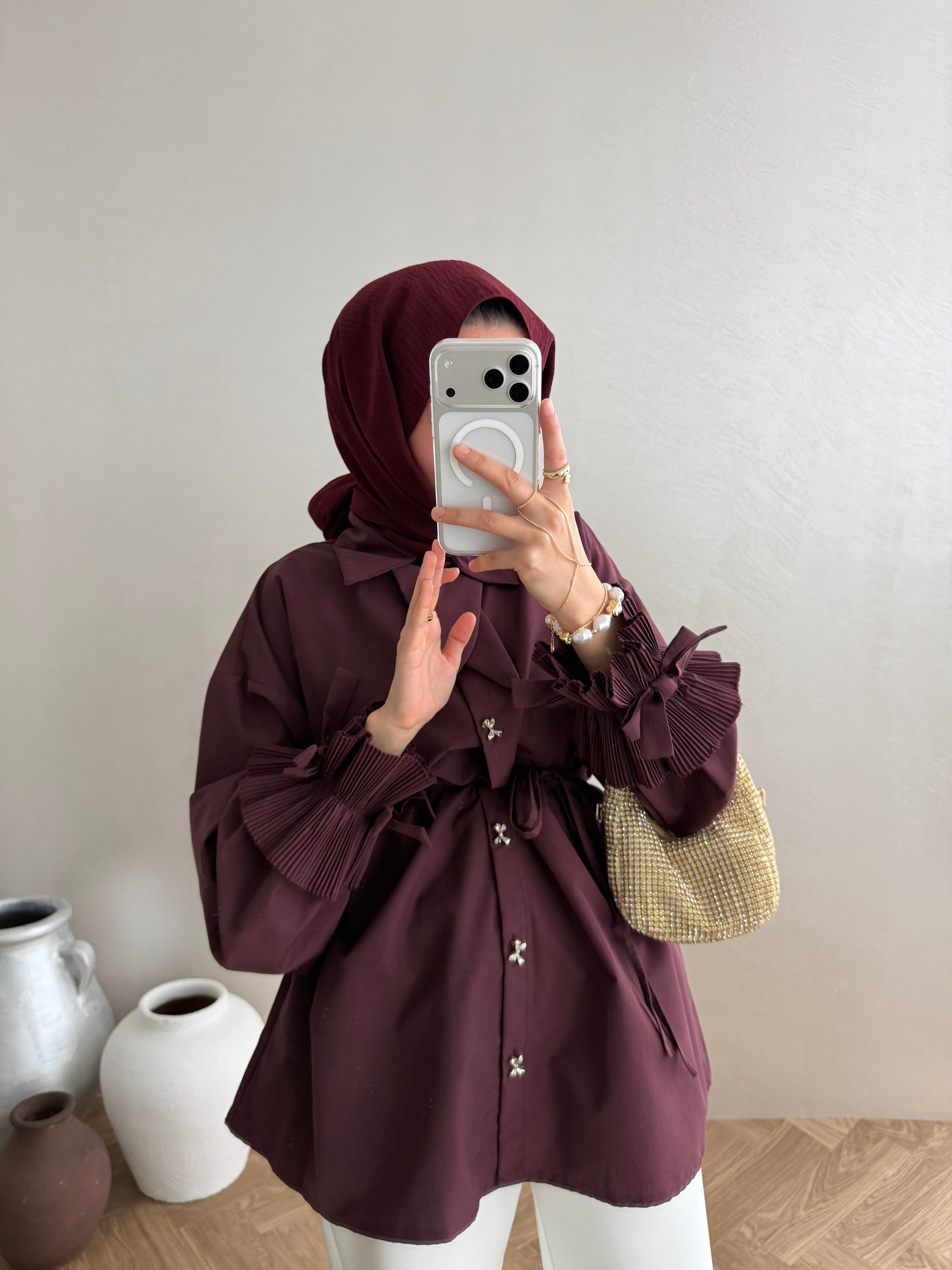 Fiyonklu Poplin Gömlek - Bordo