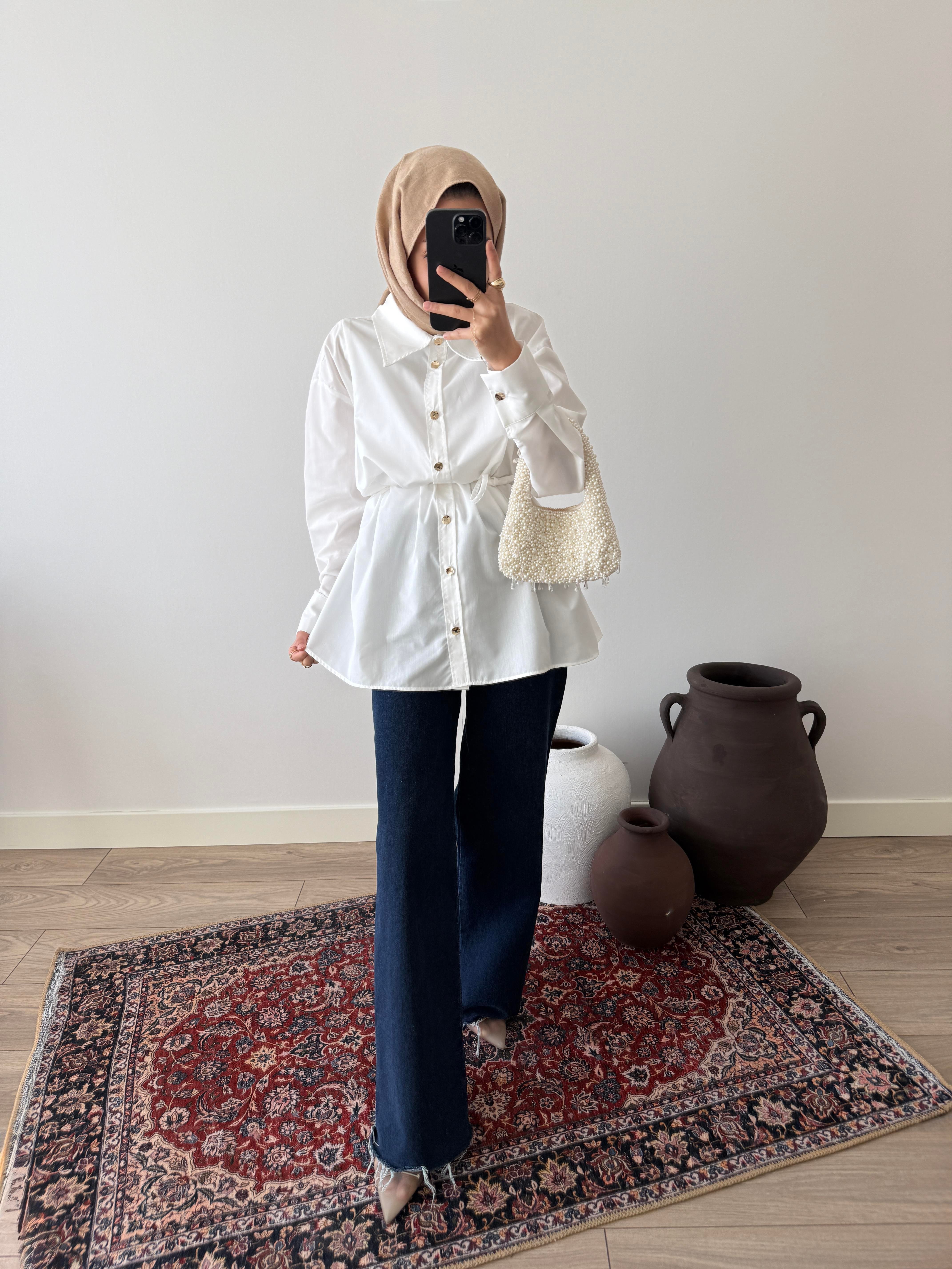 Gold Düğmeli Poplin Gömlek - Ekru