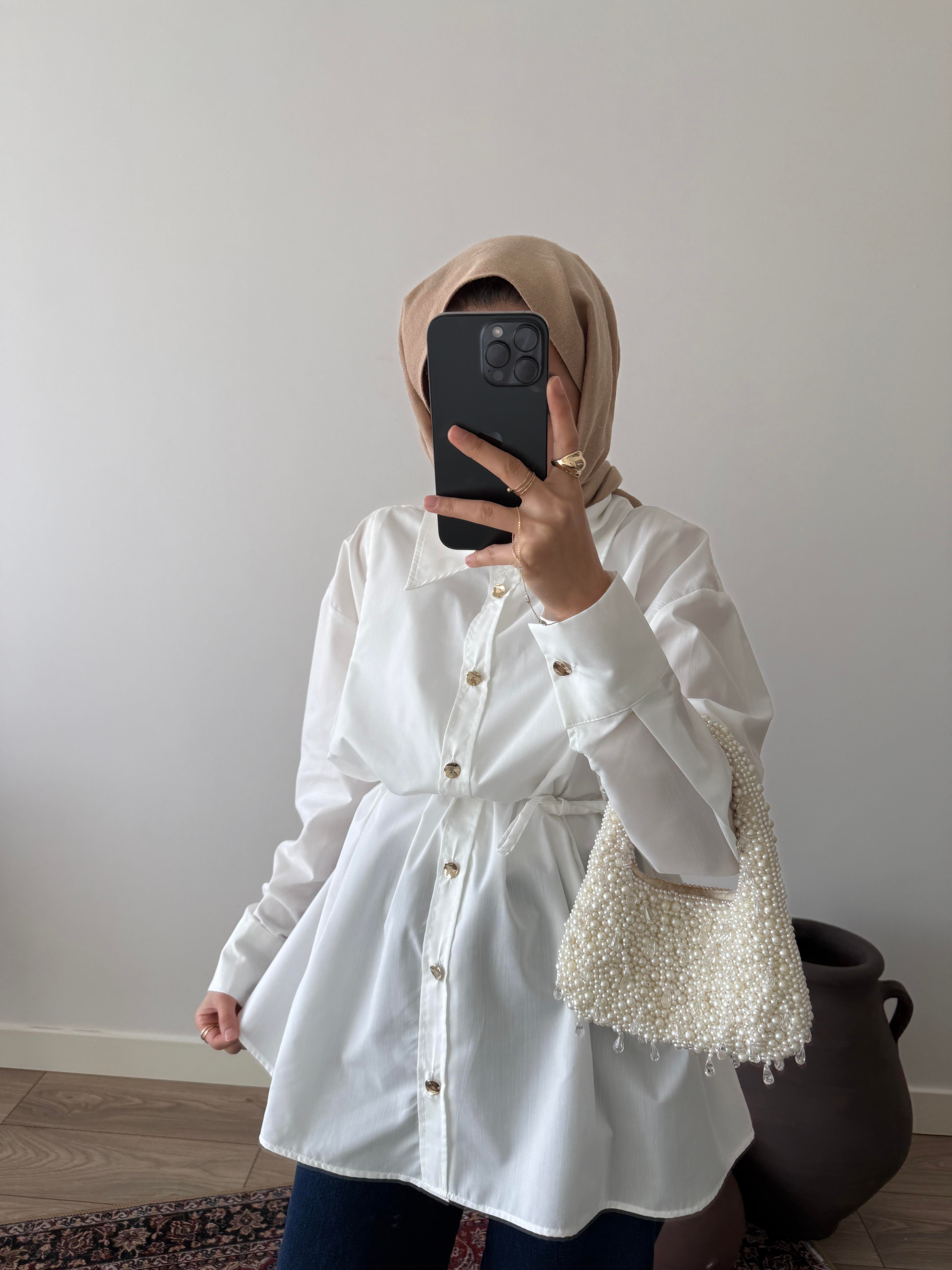 Gold Düğmeli Poplin Gömlek - Ekru