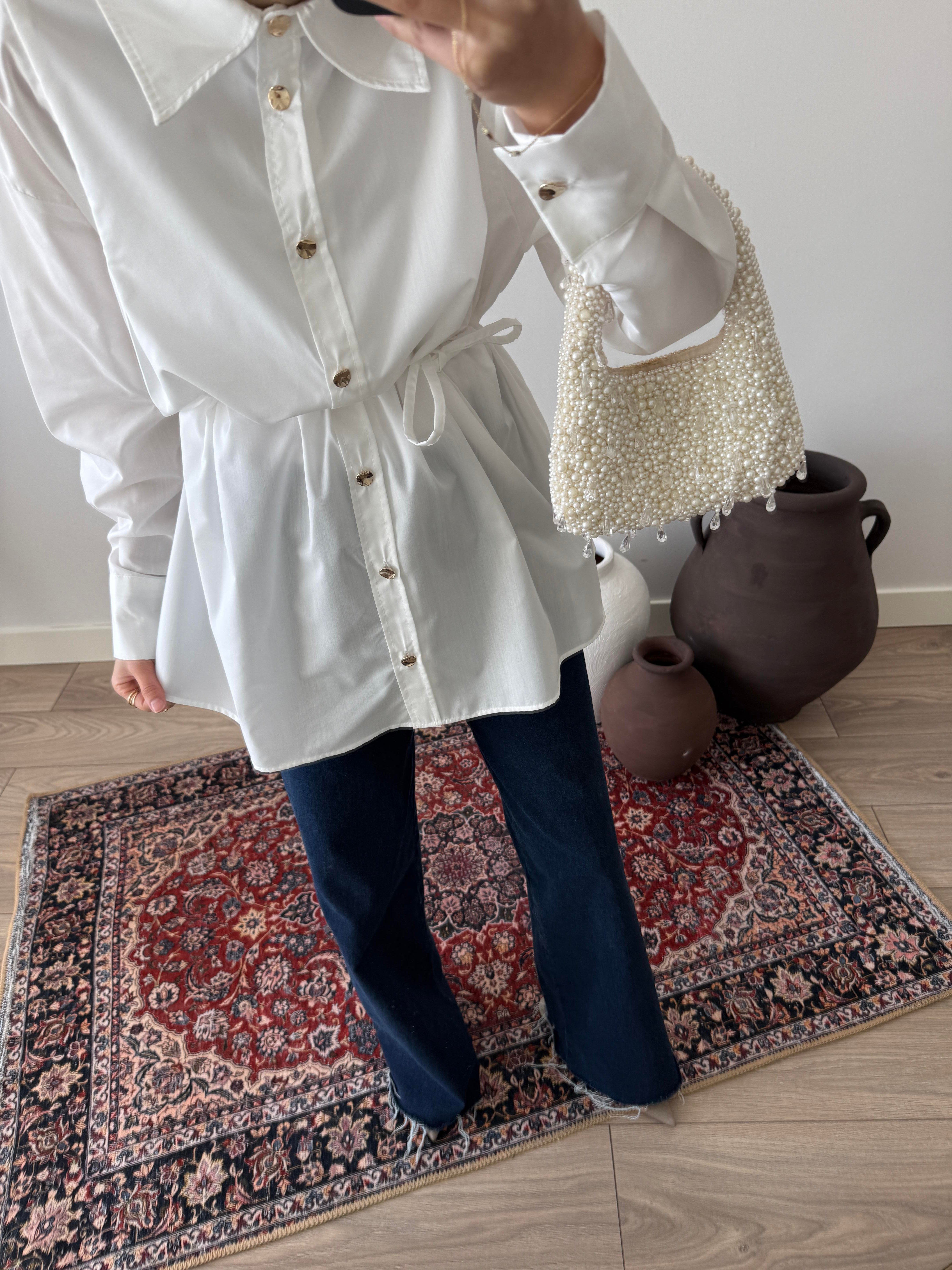 Gold Düğmeli Poplin Gömlek - Ekru