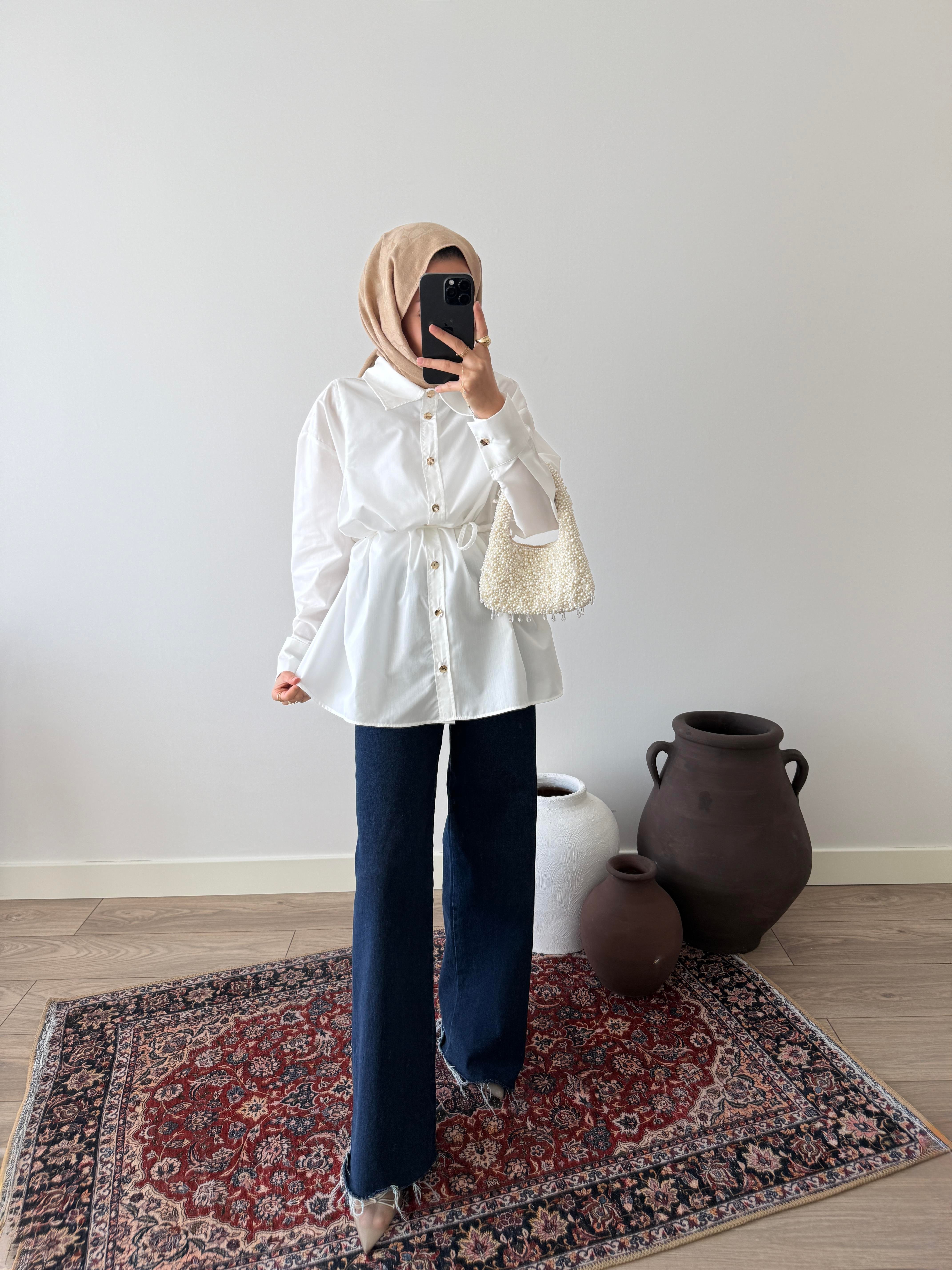 Gold Düğmeli Poplin Gömlek - Ekru