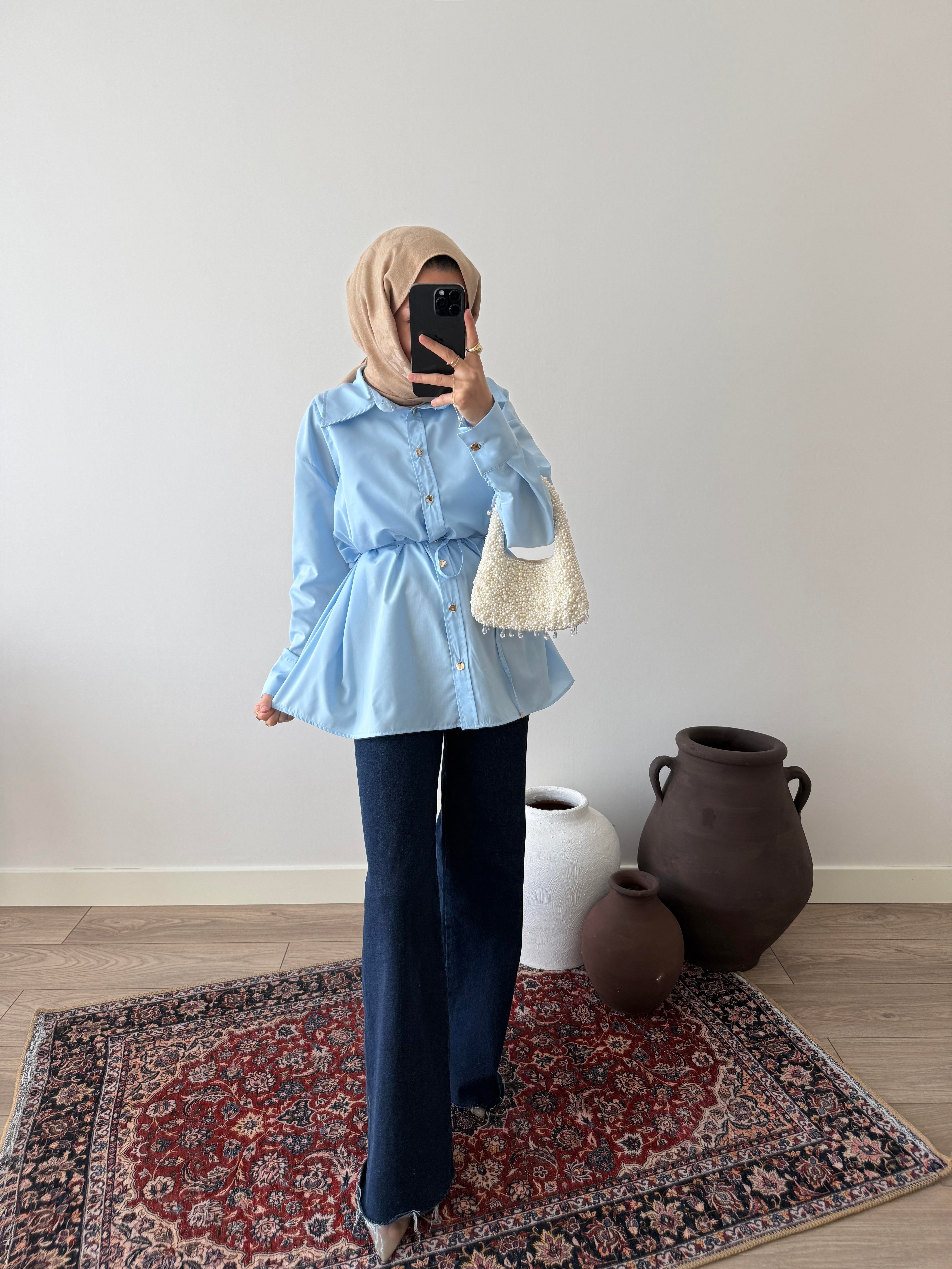 Gold Düğmeli Poplin Gömlek - Mavi