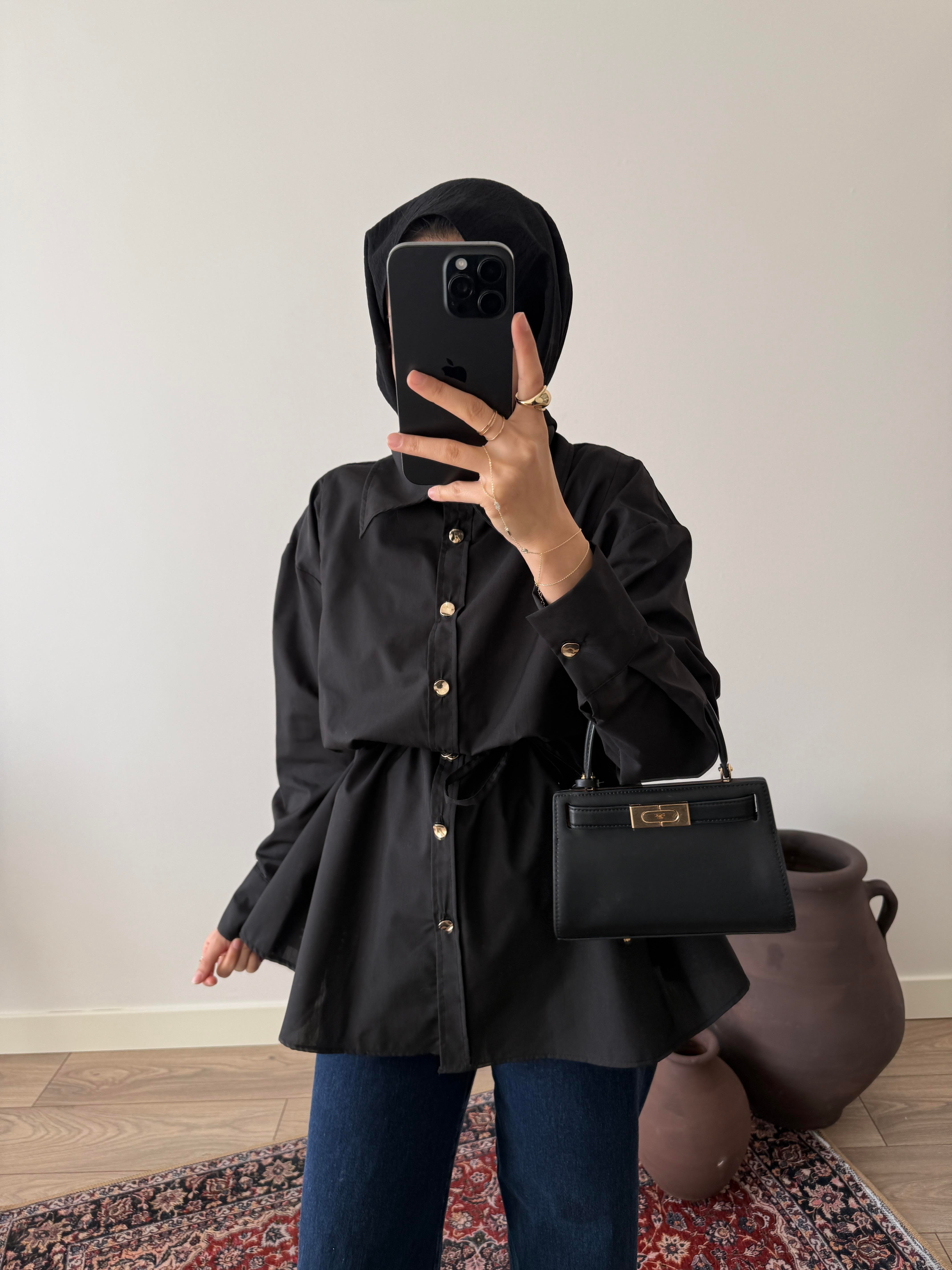 Gold Düğmeli Poplin Gömlek - Siyah