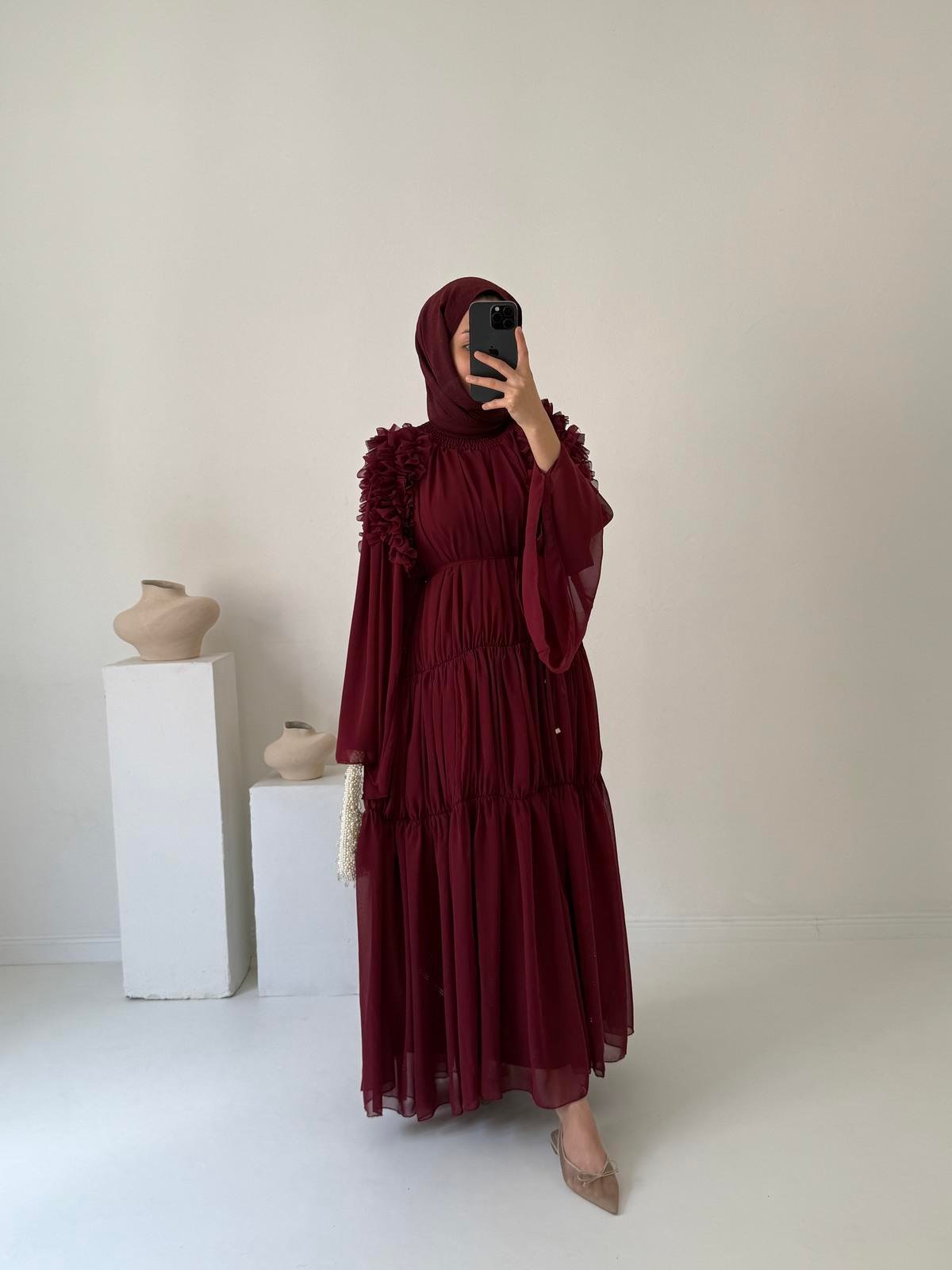 Güpürlü Şifon Elbise - Bordo
