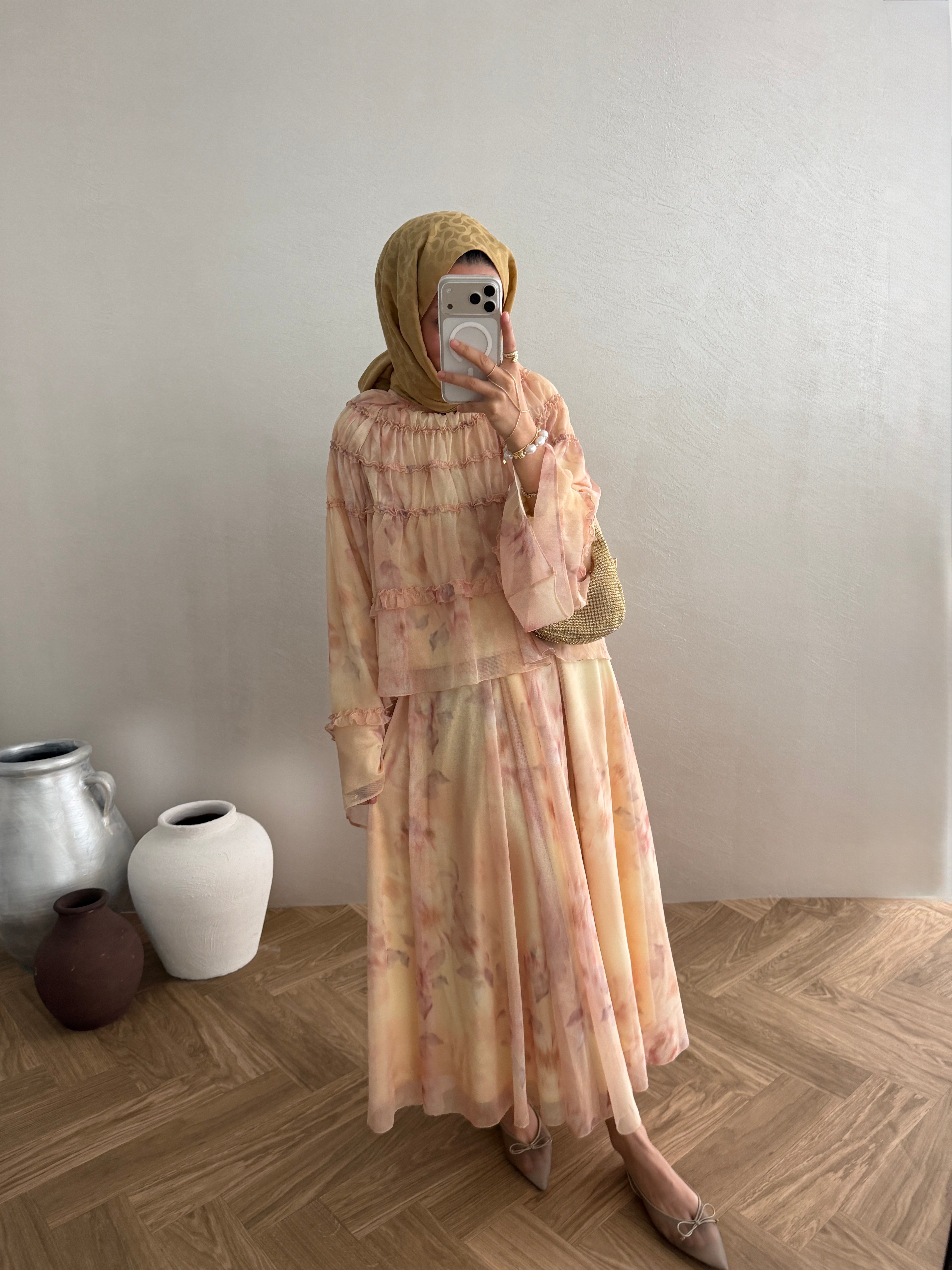 Güpürlü Şifon Takım - Oranj