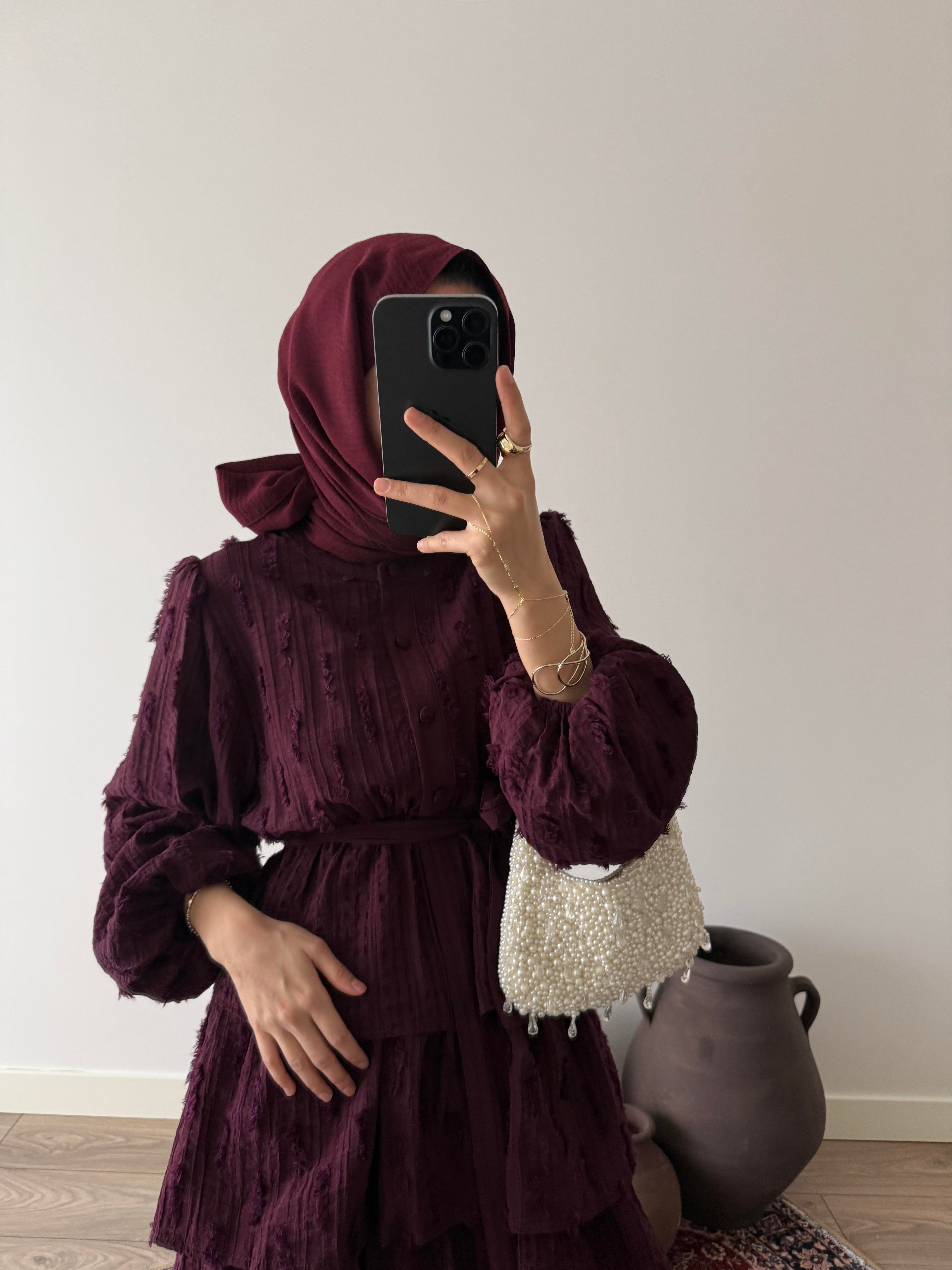 Lara Desenli Kat Kat Elbise - Mürdüm