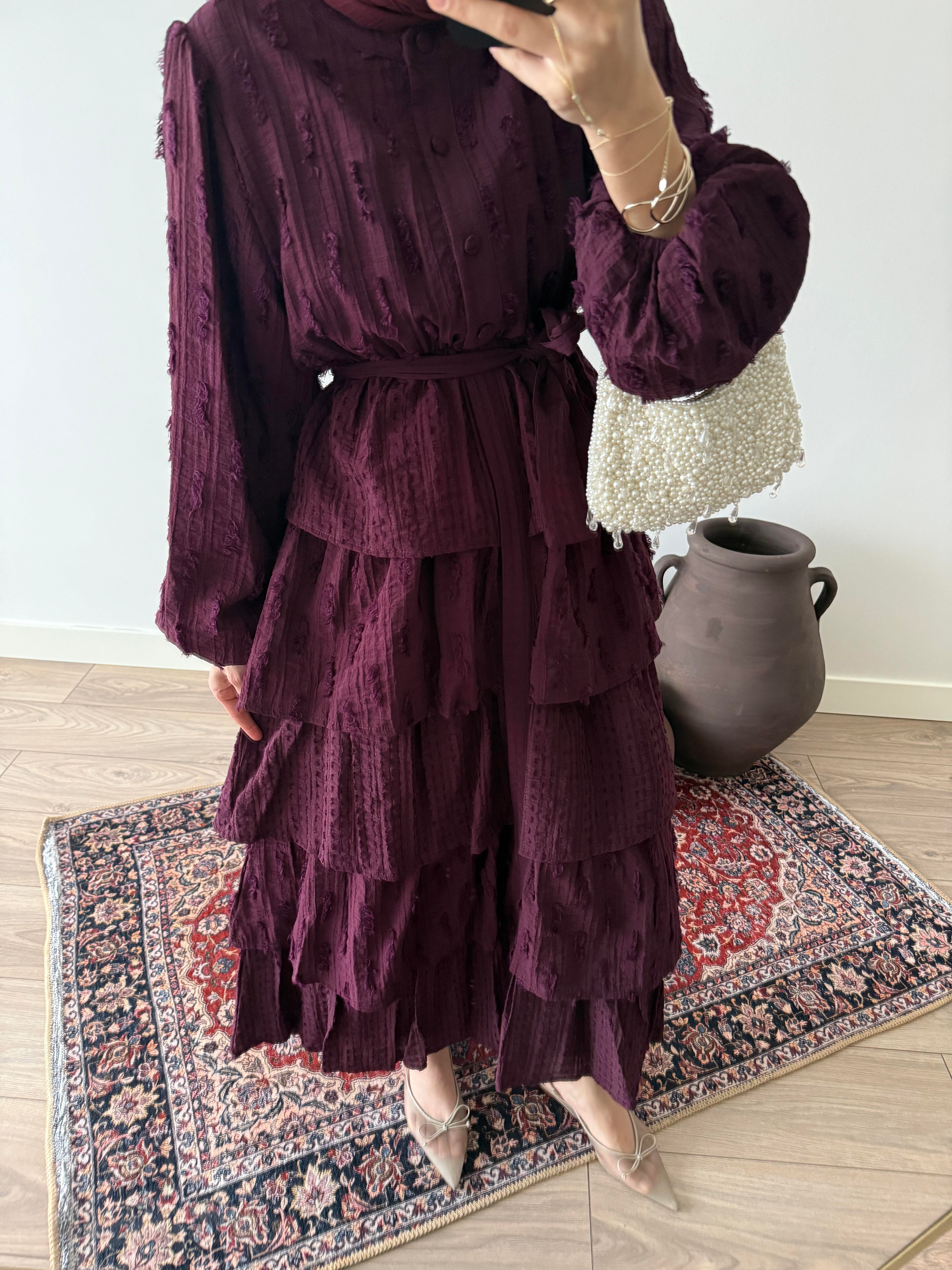 Lara Desenli Kat Kat Elbise - Mürdüm