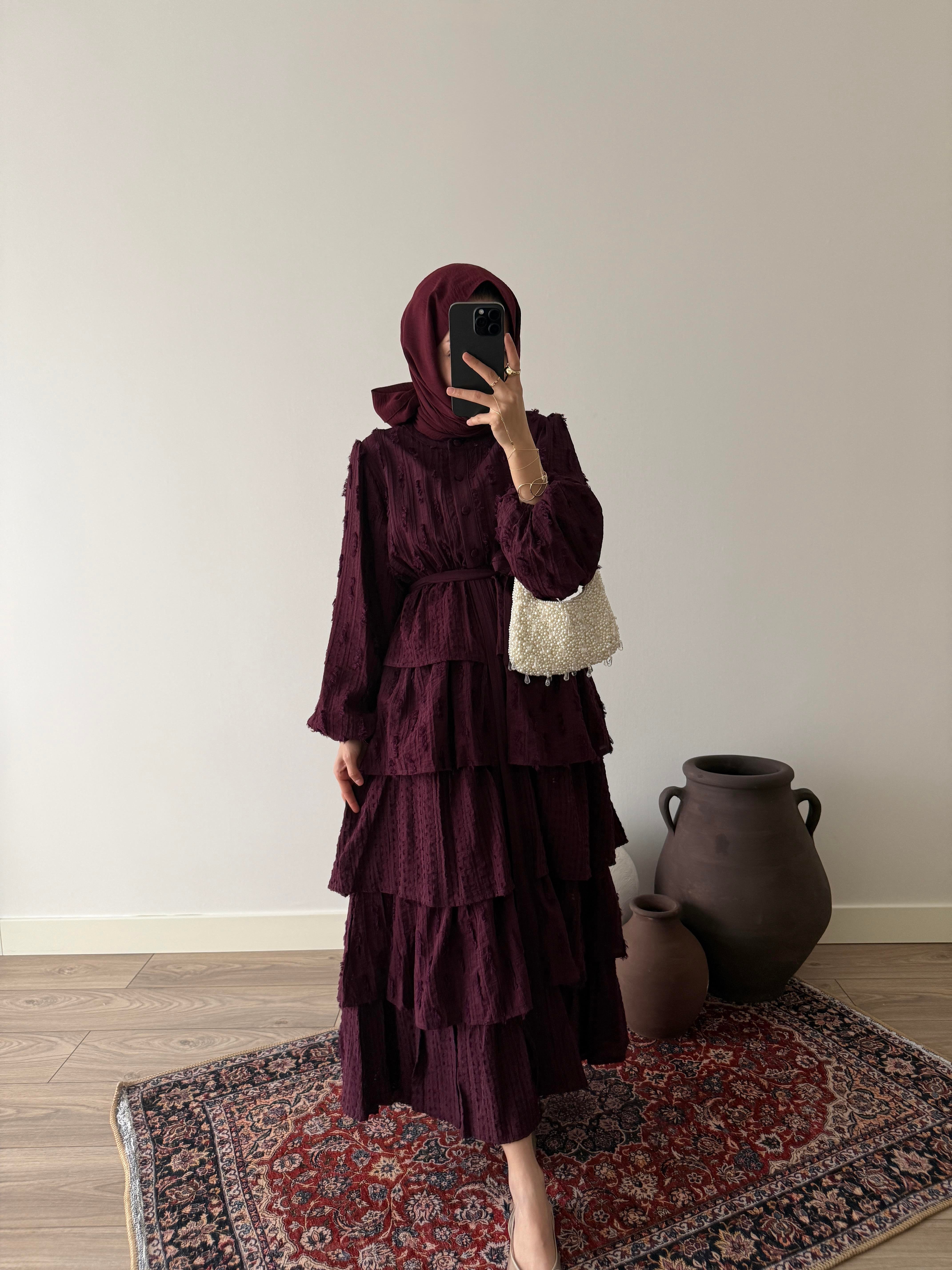 Lara Desenli Kat Kat Elbise - Mürdüm