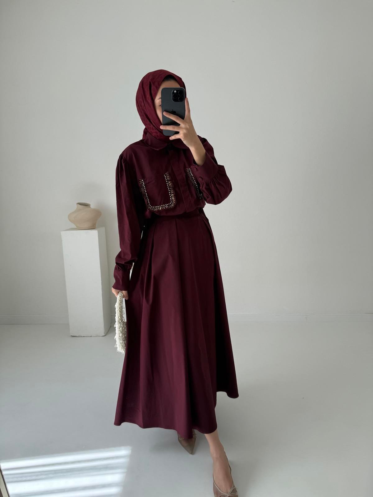 Loren Taşlı Takım - Bordo 