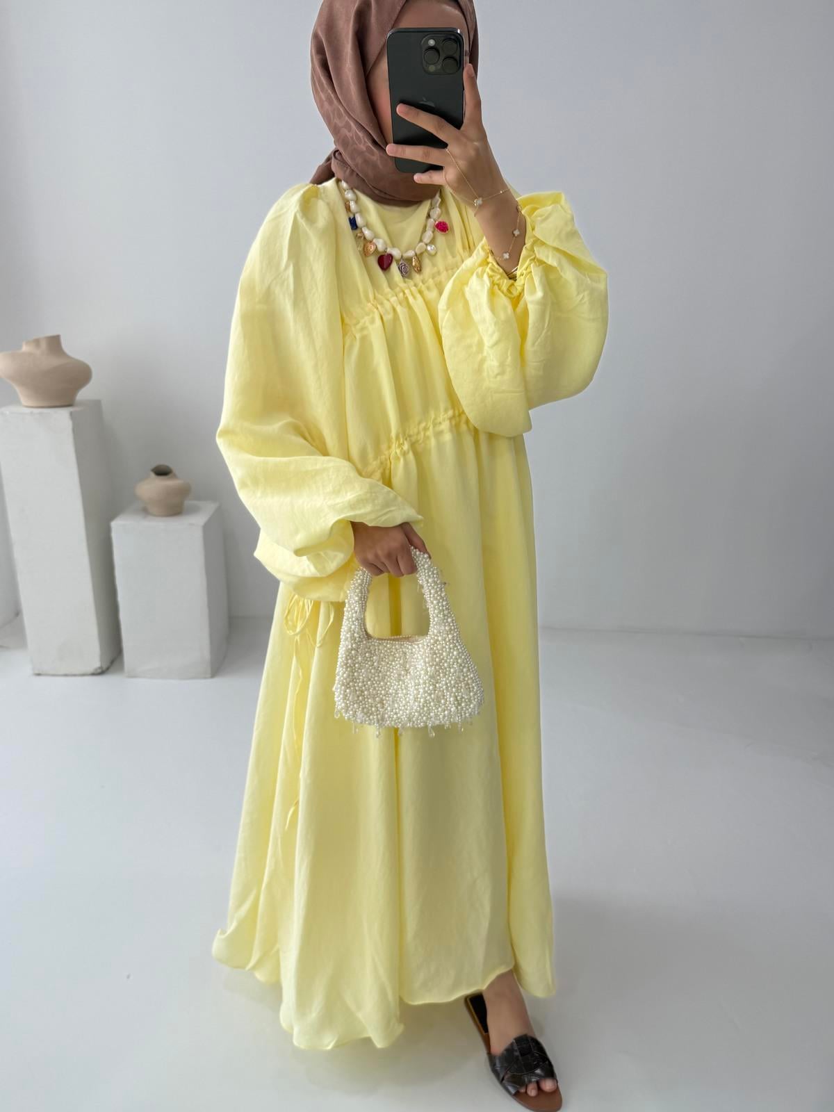 Lotus Bağlamalı Elbise - Sarı 