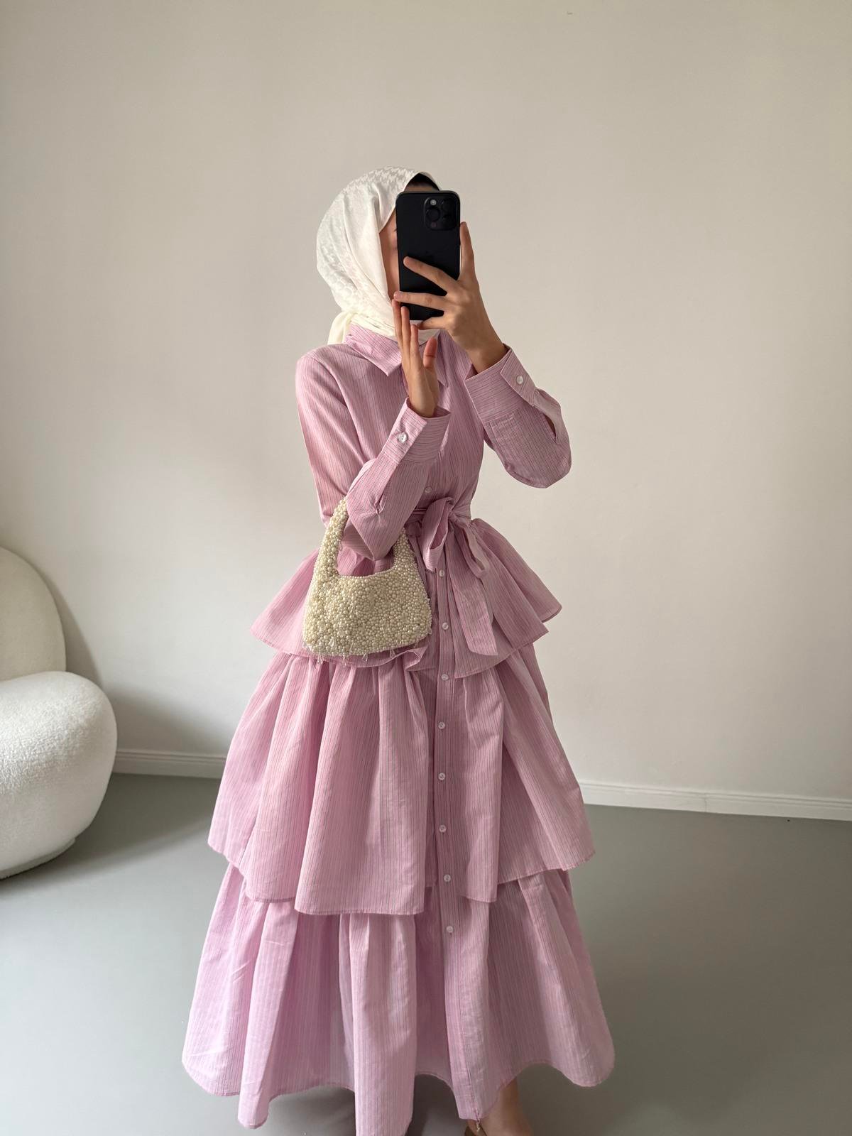 Pamuklu Kat Kat Elbise - Pembe