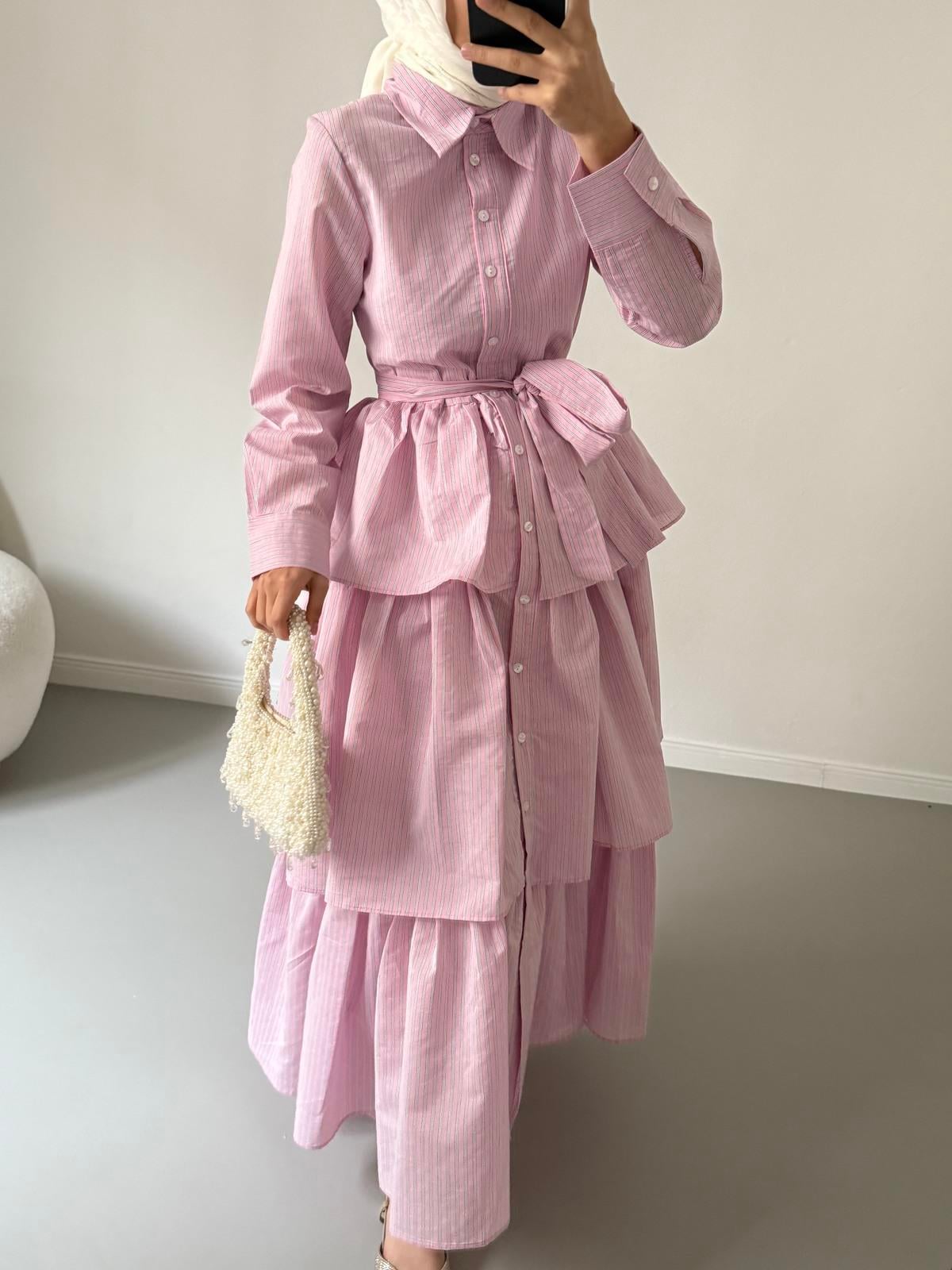 Pamuklu Kat Kat Elbise - Pembe