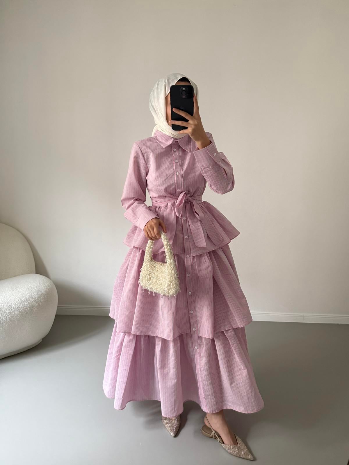 Pamuklu Kat Kat Elbise - Pembe