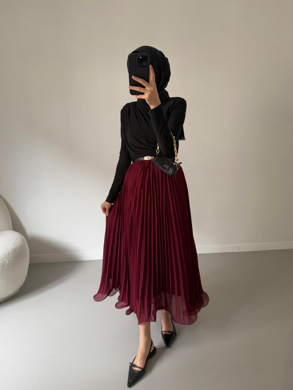 Piliseli Şifon Etek - Bordo