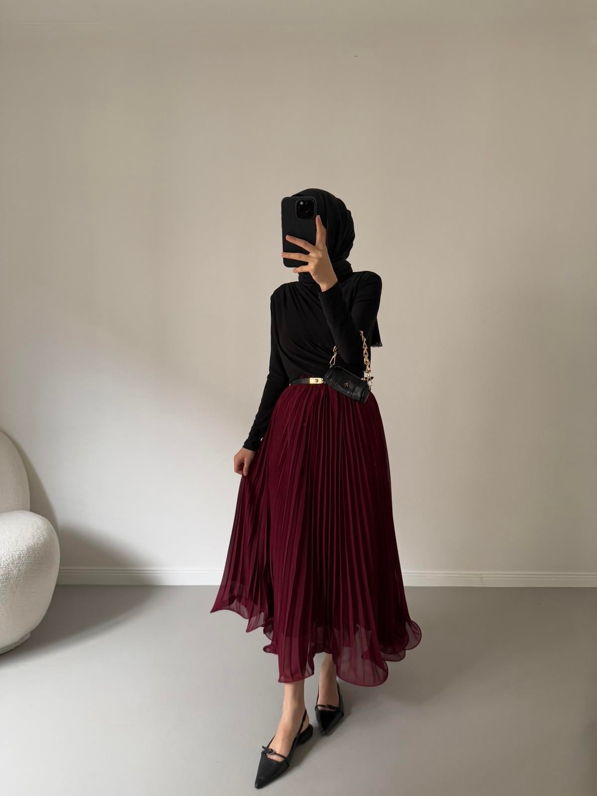 Piliseli Şifon Etek - Bordo