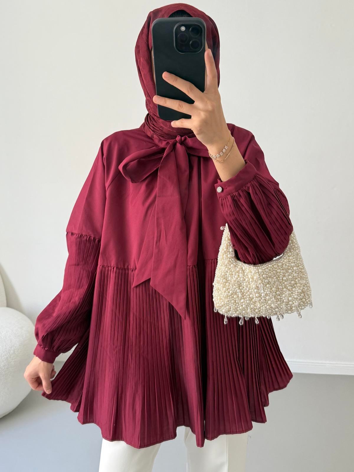 Poplin Piliseli Gömlek - Bordo