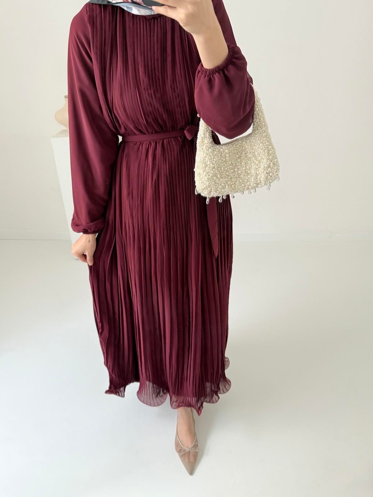 Premium Şifon Piliseli Elbise - Bordo
