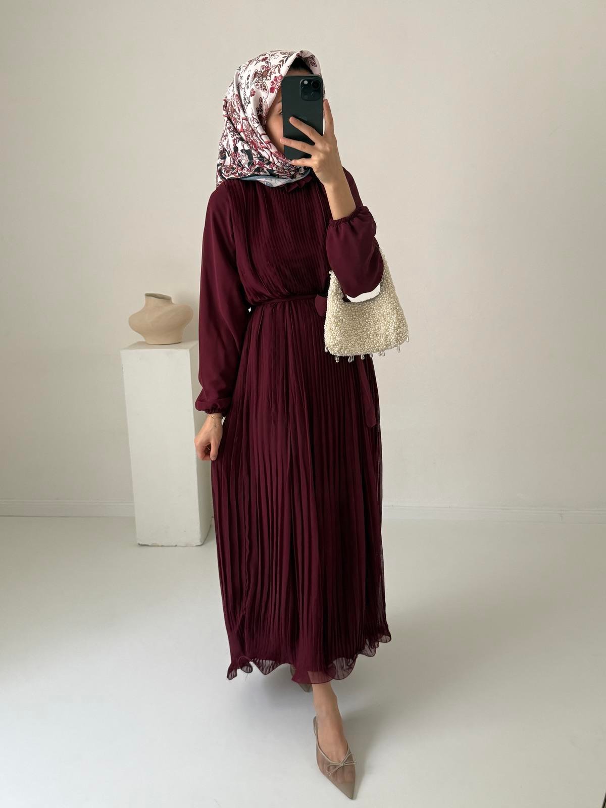 Premium Şifon Piliseli Elbise - Bordo