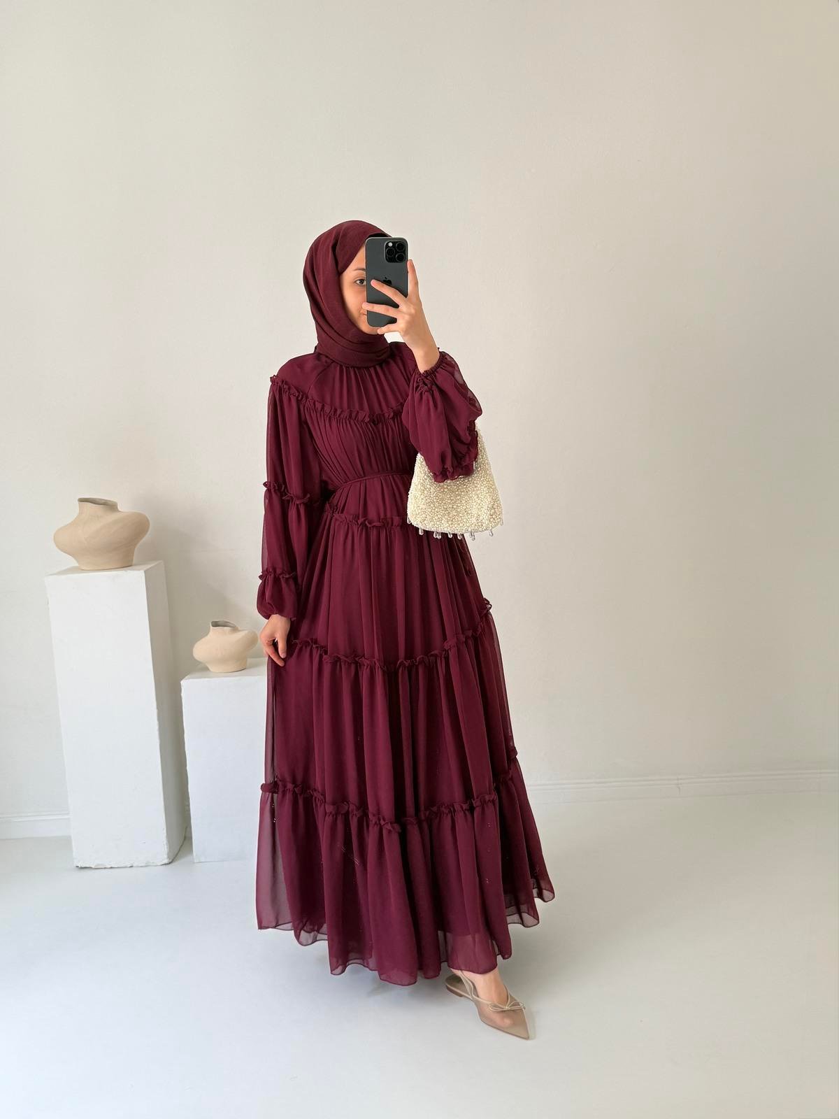 Prenses Şifon Elbise - Bordo
