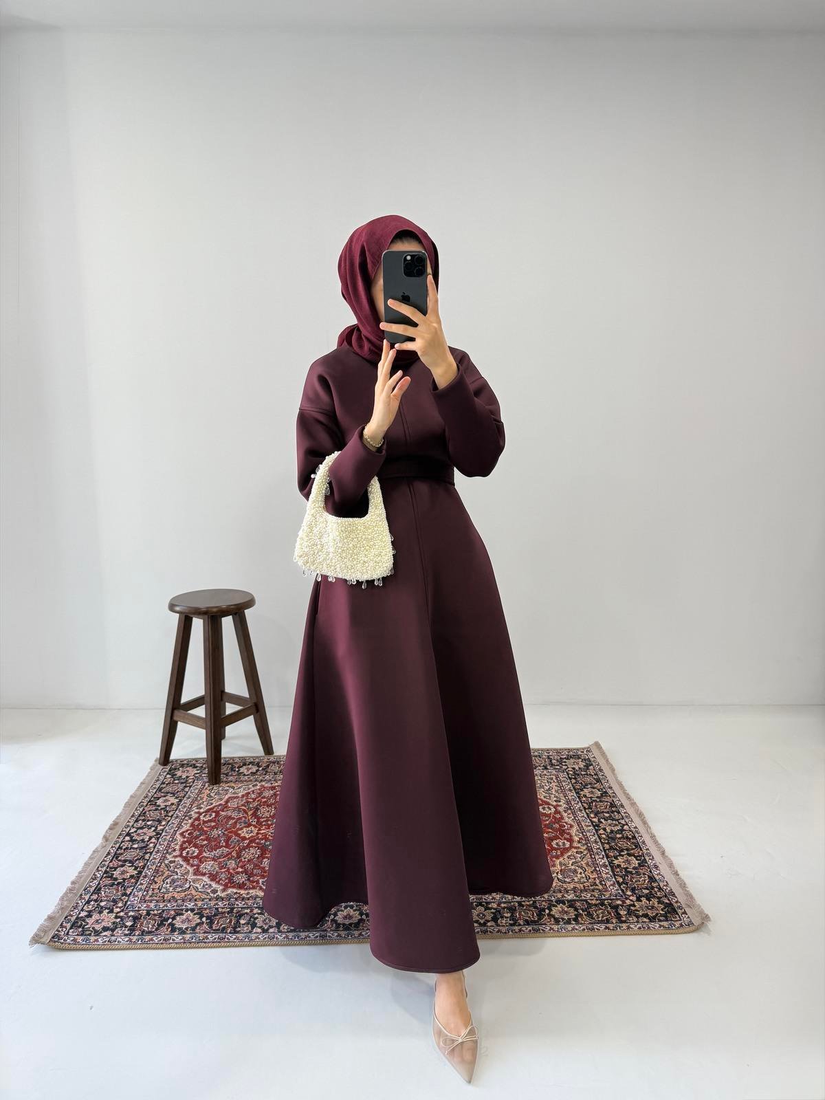 Puff Scuba Elbise - Bordo