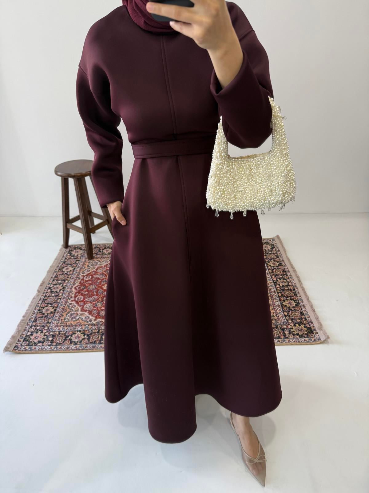 Puff Scuba Elbise - Bordo