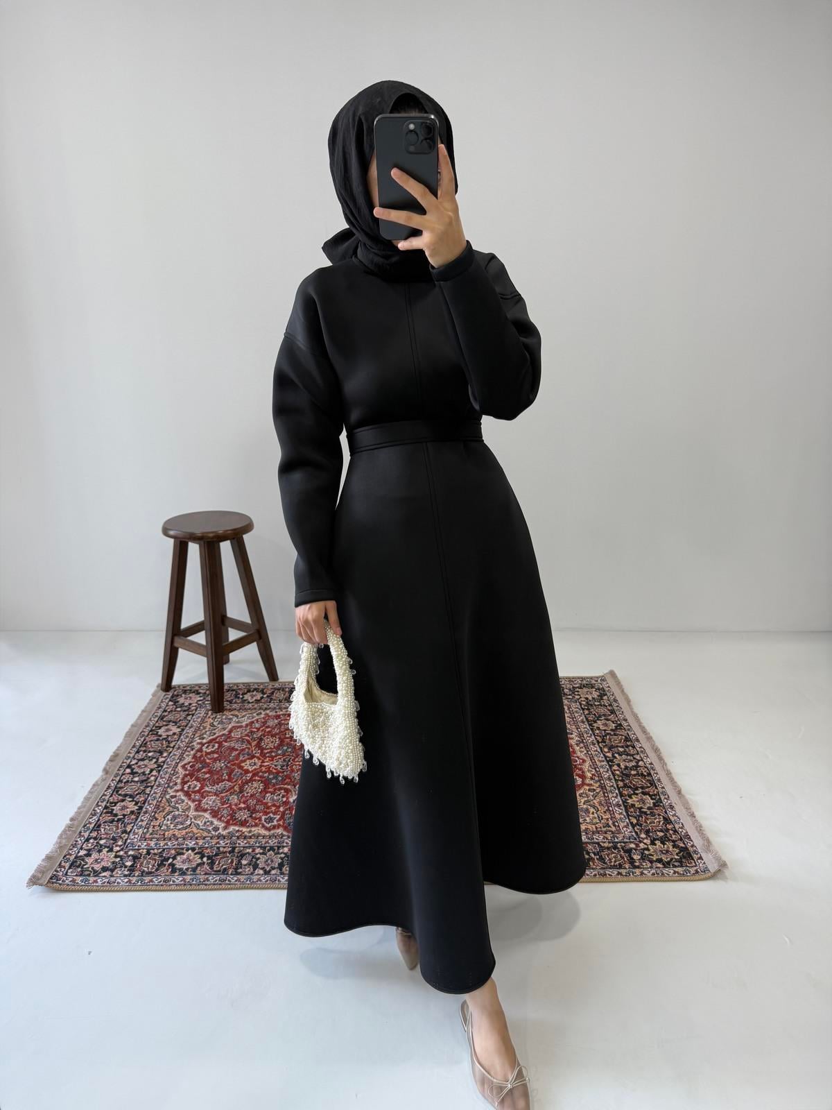 Puff Scuba Elbise - Siyah