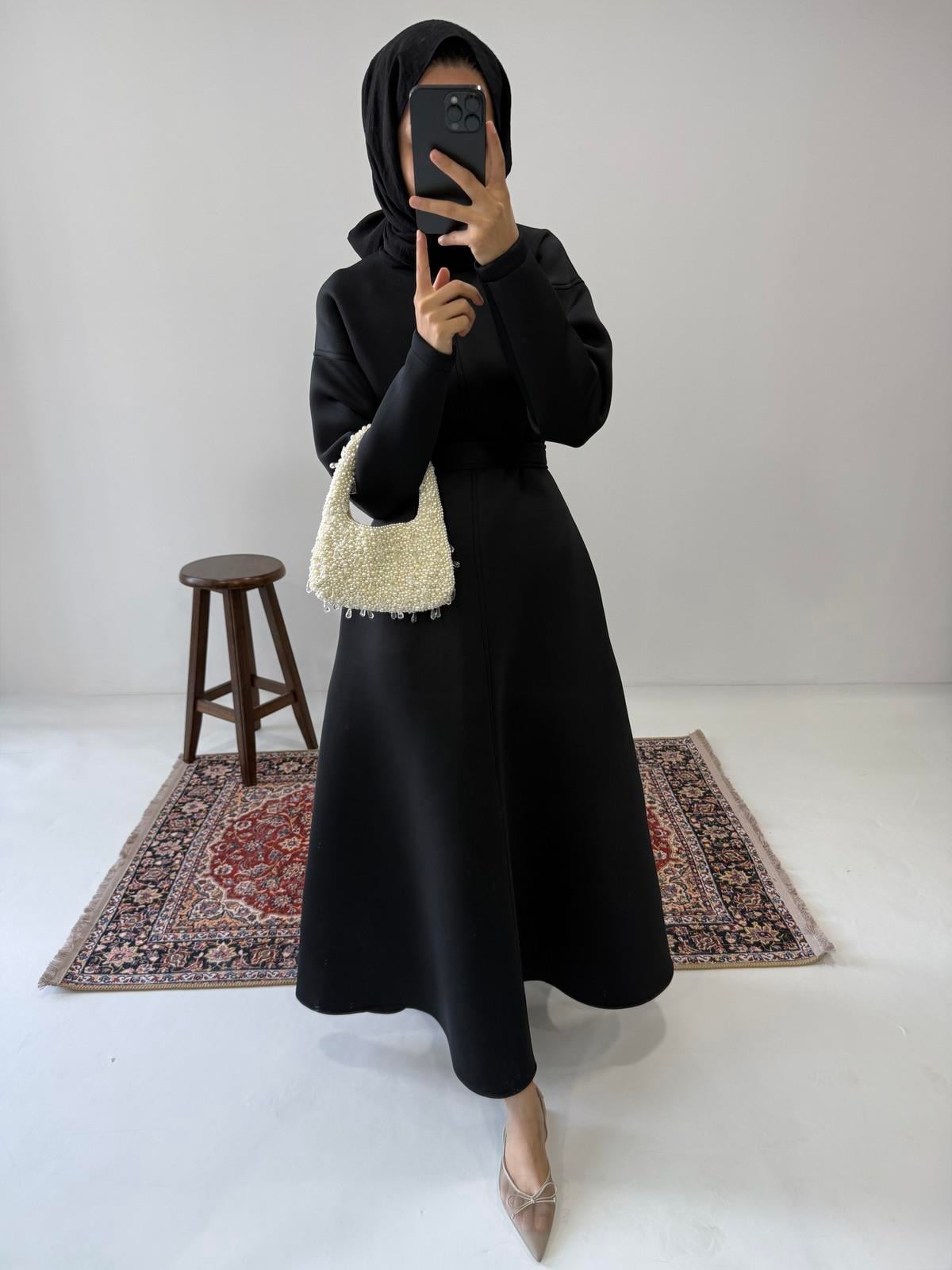Puff Scuba Elbise - Siyah