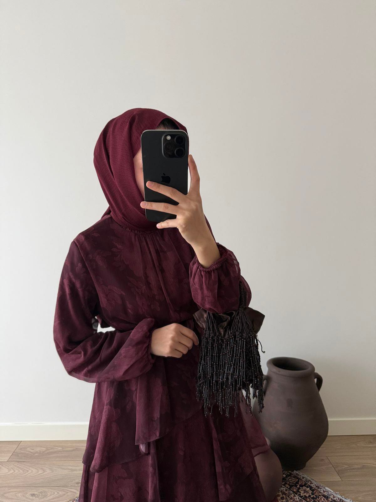 Şifon Kat Kat Elbise - Bordo