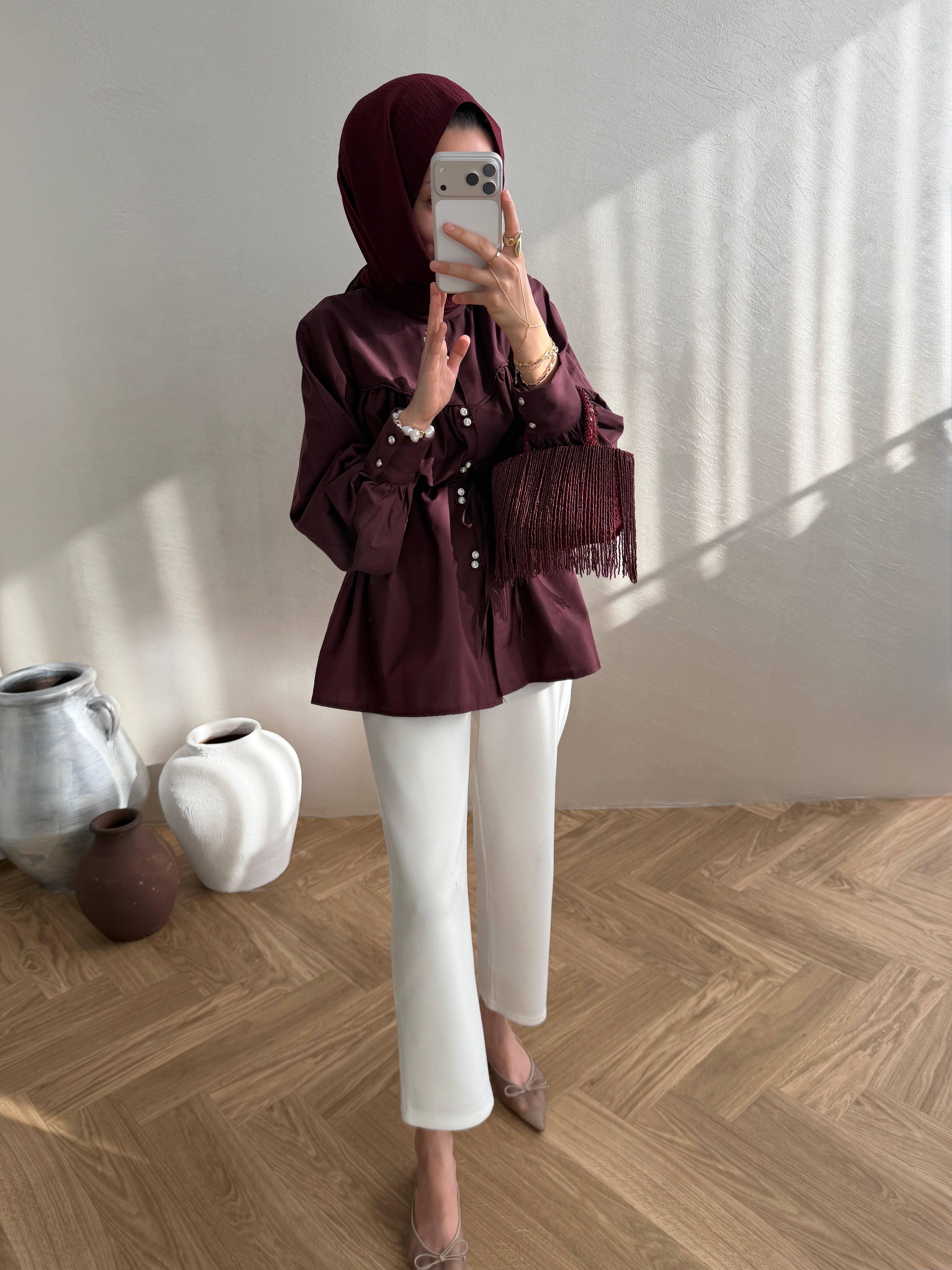 Taş Düğmeli Gömlek - Bordo