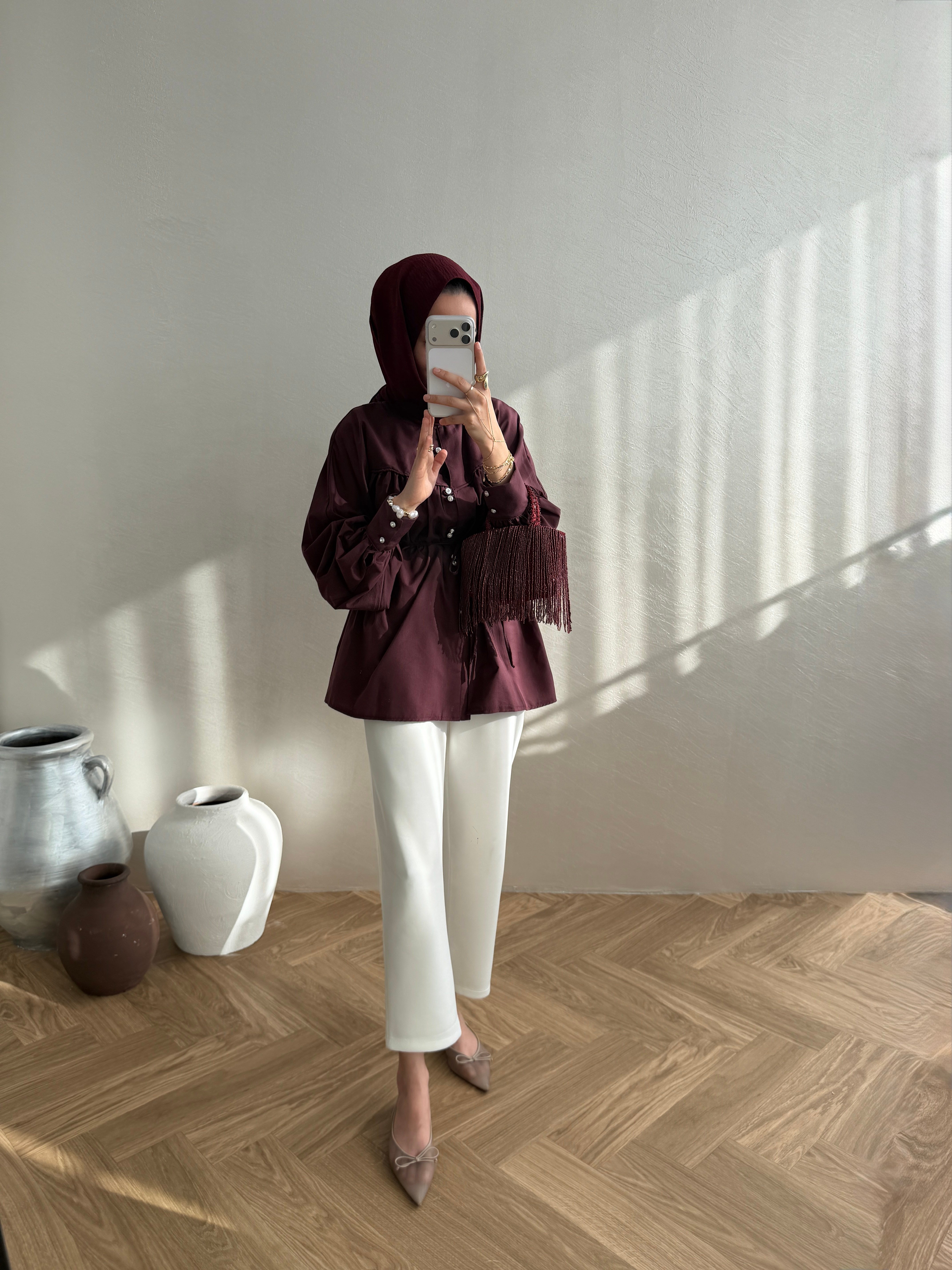 Taş Düğmeli Gömlek - Bordo