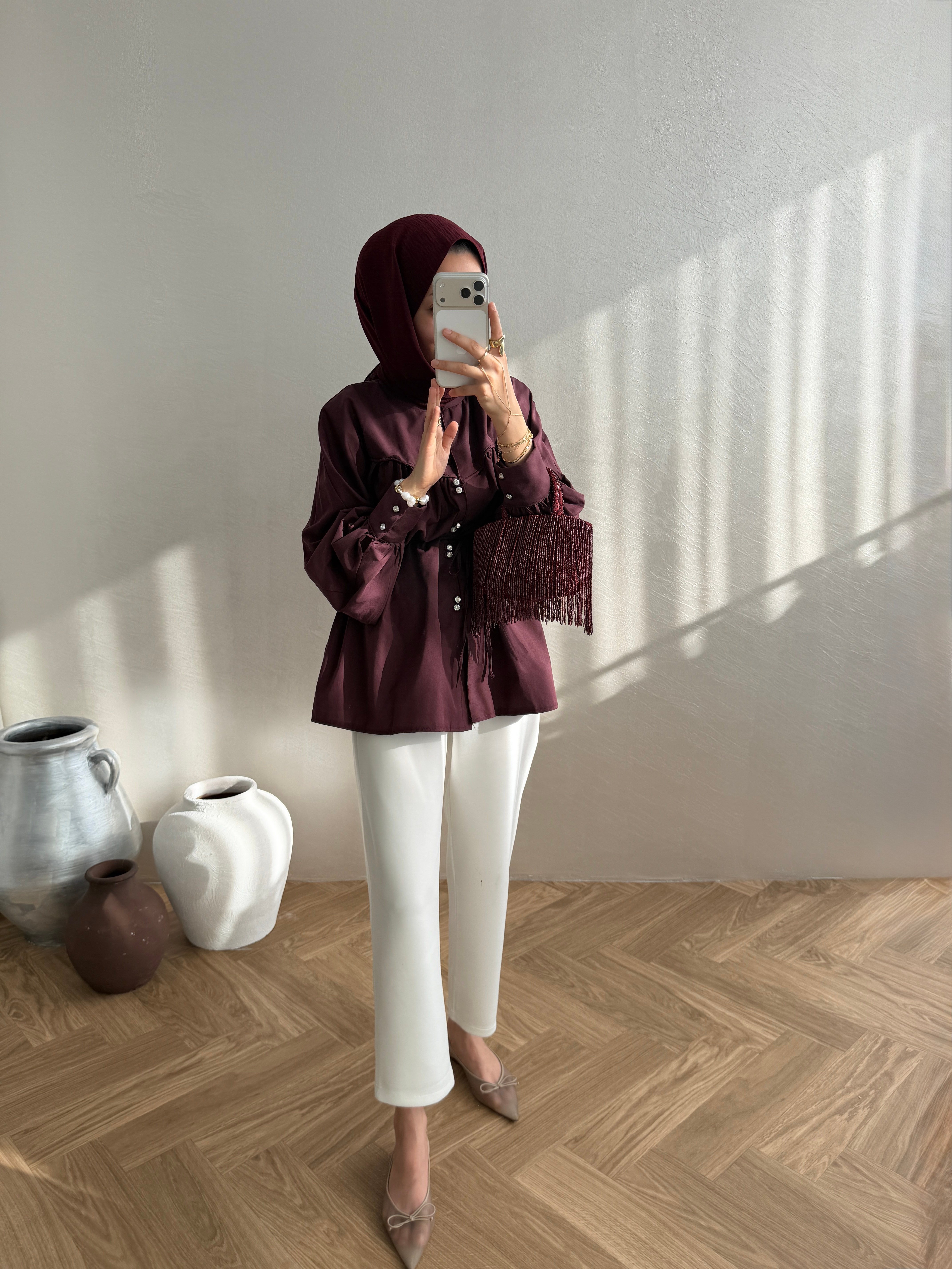 Taş Düğmeli Gömlek - Bordo