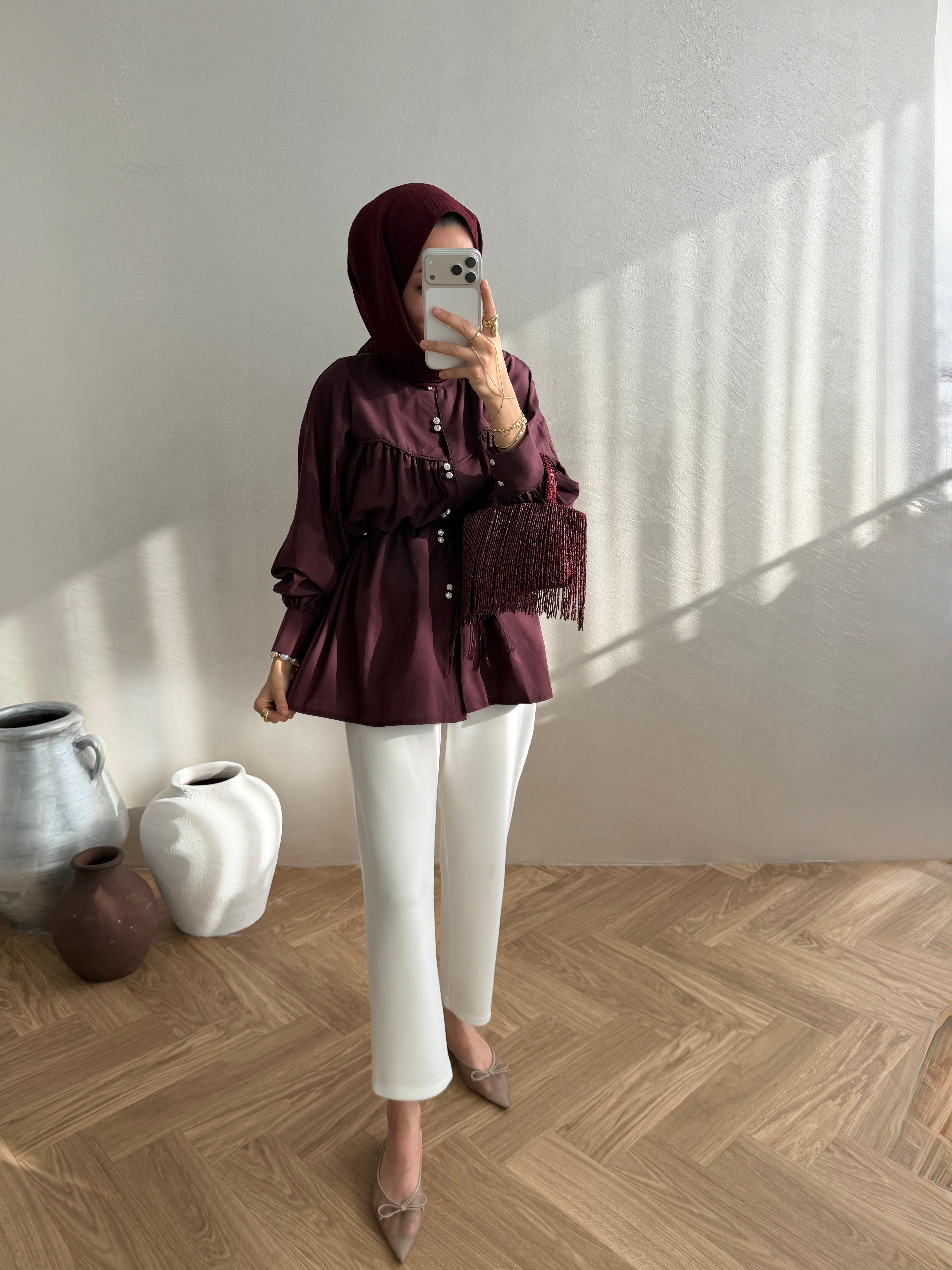Taş Düğmeli Gömlek - Bordo