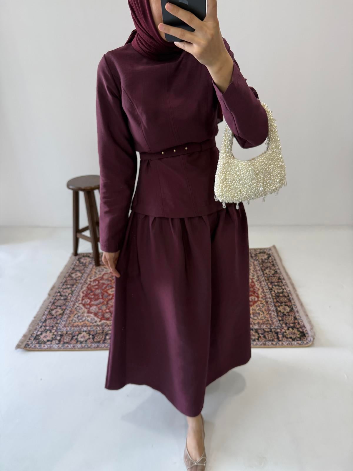 Tasarım Kemerli Elbise - Bordo