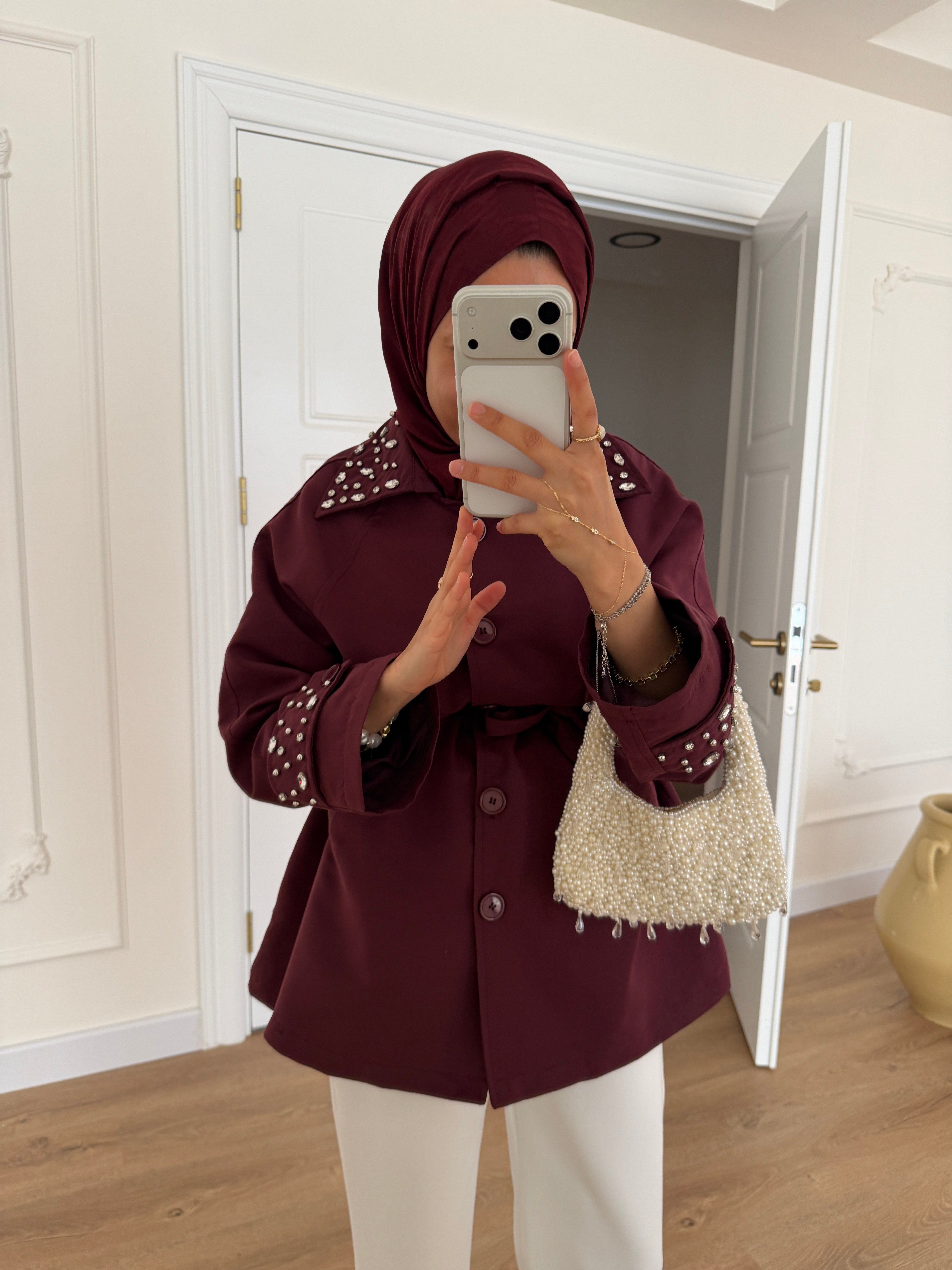 Taşlı Premium Trençkot - Bordo