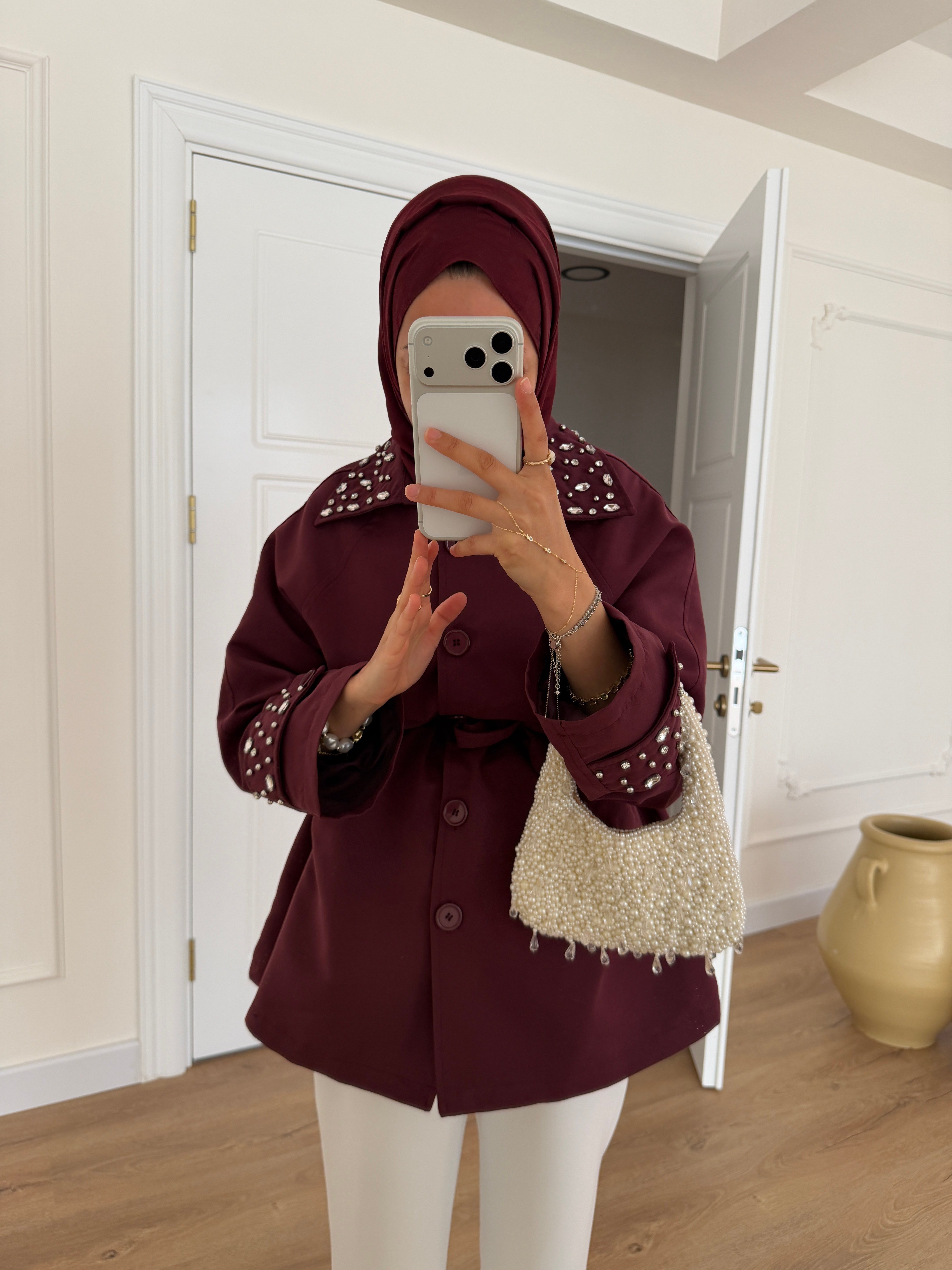 Taşlı Premium Trençkot - Bordo